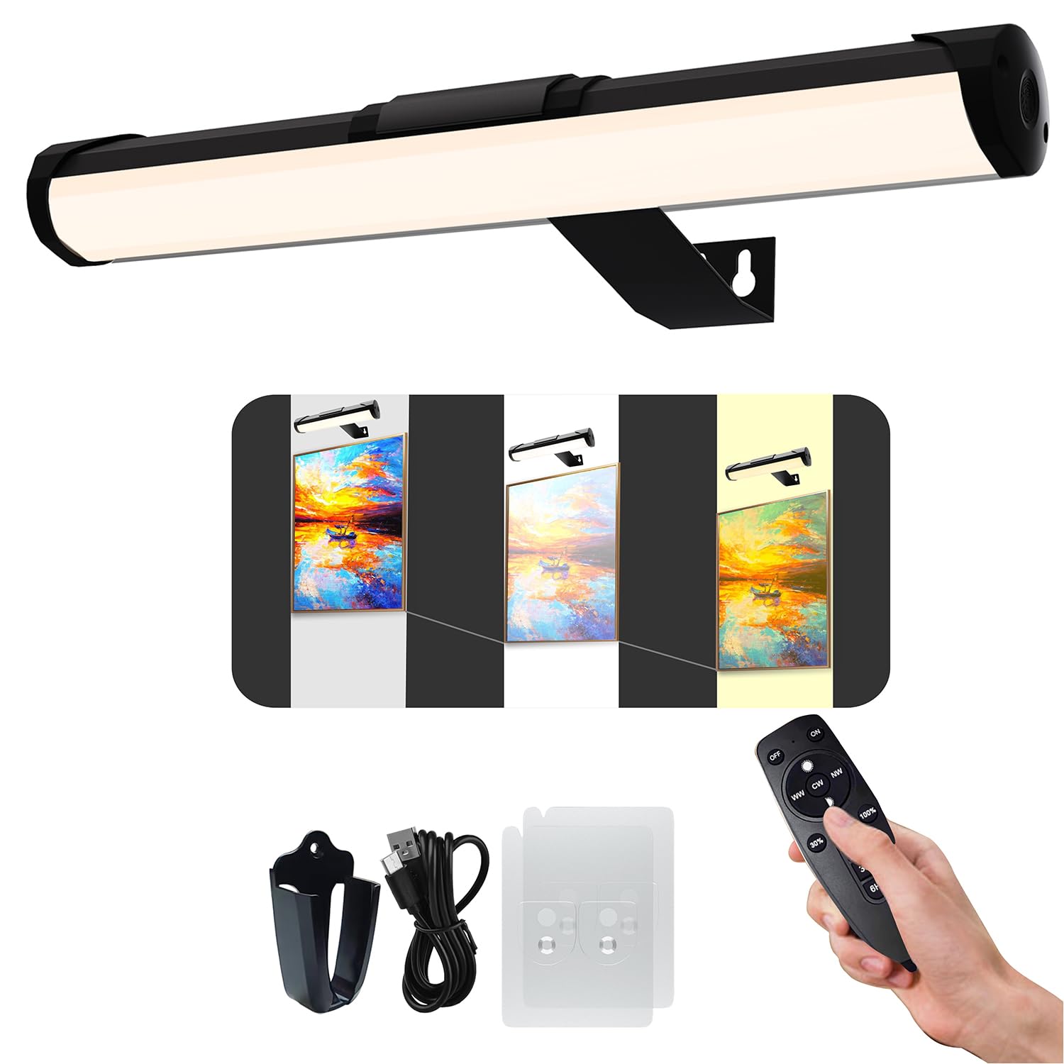 Rechargeable Picture Light with Remote Control - 4400mAh Wireless Battery Operated Display Lamp - 3 Color Modes & Dimmable Timer - Perfect for Wall Art, Portrait Paintings, Dartboard Lighting & Home Decor (Black, 13.7 Inch) - Ideal for Galleries, Living Rooms & Bedrooms
