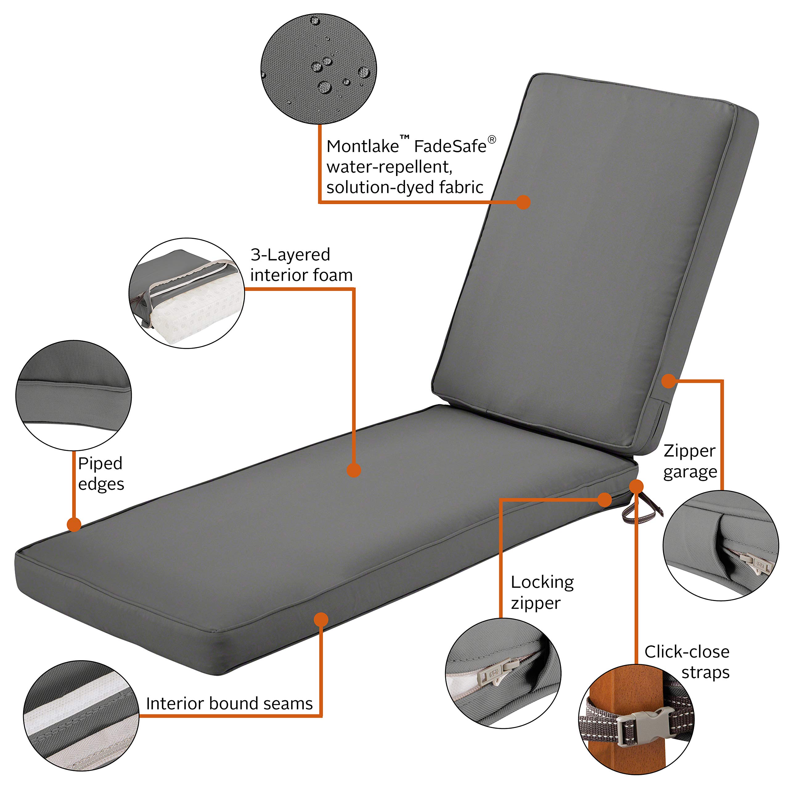 Classic Accessories Montlake 80x26 Outdoor Chaise Lounge Cushion - FadeSafe, Water-Repellent, Light Charcoal - Perfect for Patio, Poolside, and Garden Relaxation