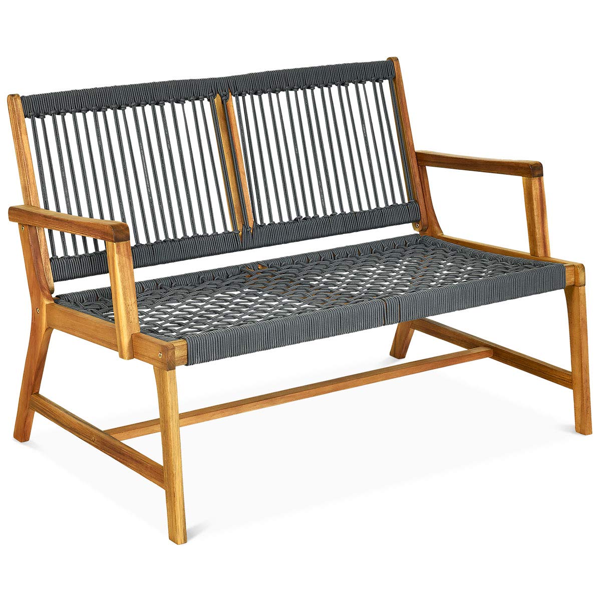 Tangkula 2-Person Acacia Wood Outdoor Bench Loveseat with Rope Design & Teak Oil Finish - Patio, Balcony, Deck, Poolside & Porch Seating (Grey) - Perfect for Garden Relaxation & Backyard Lounging