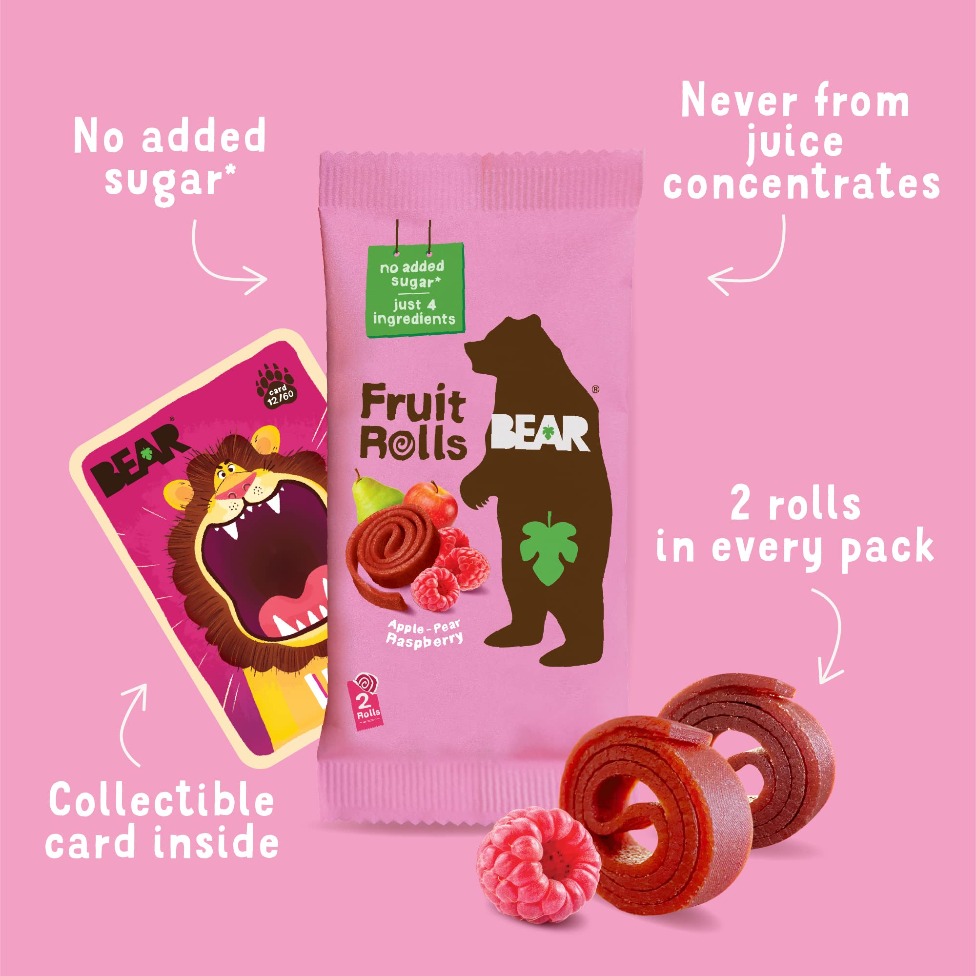 BEAR Real Fruit Snack Rolls - Gluten Free, Vegan, Non-GMO Raspberry - Healthy Snacks for Kids & Adults - Perfect for School & Lunch