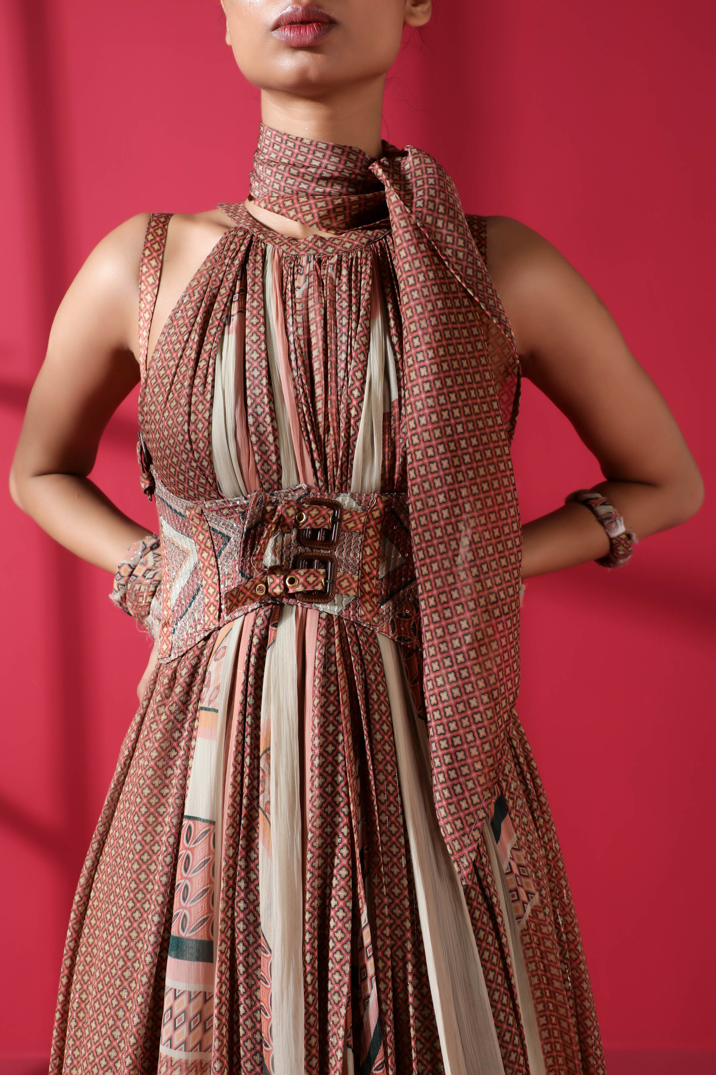 Stylish Terracotta Mix Print Maxi Dress with Matching Scarf - Boho Chic Summer Dress for Beach Vacations & Outdoor Parties