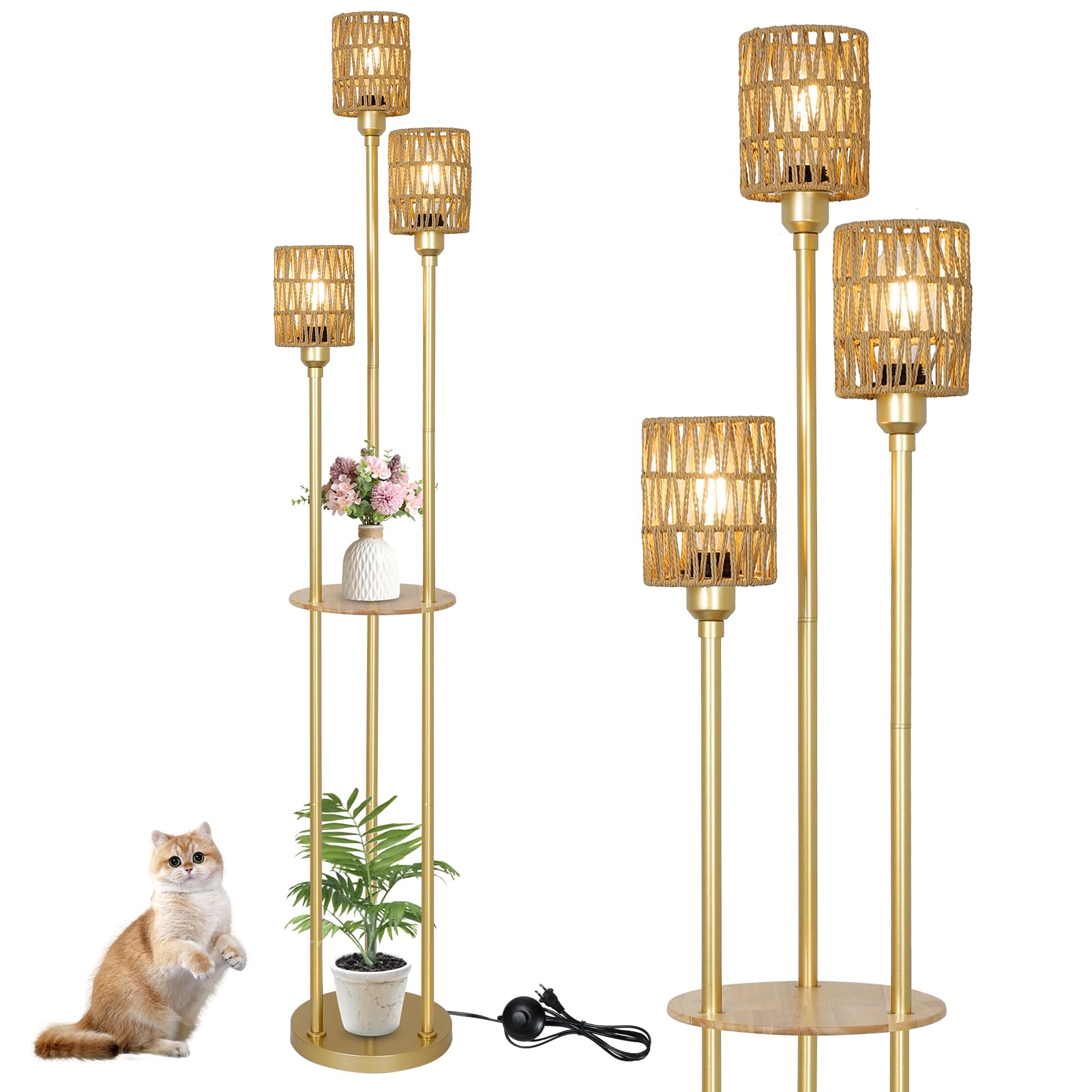 Boho 3-Light Farmhouse Floor Lamp with Shelves & Rattan Shades - Gold Modern Standing Lamp with Foot Switch for Living Room, Bedroom, Office - Perfect for Reading Nook, Cozy Corner & Home Decor