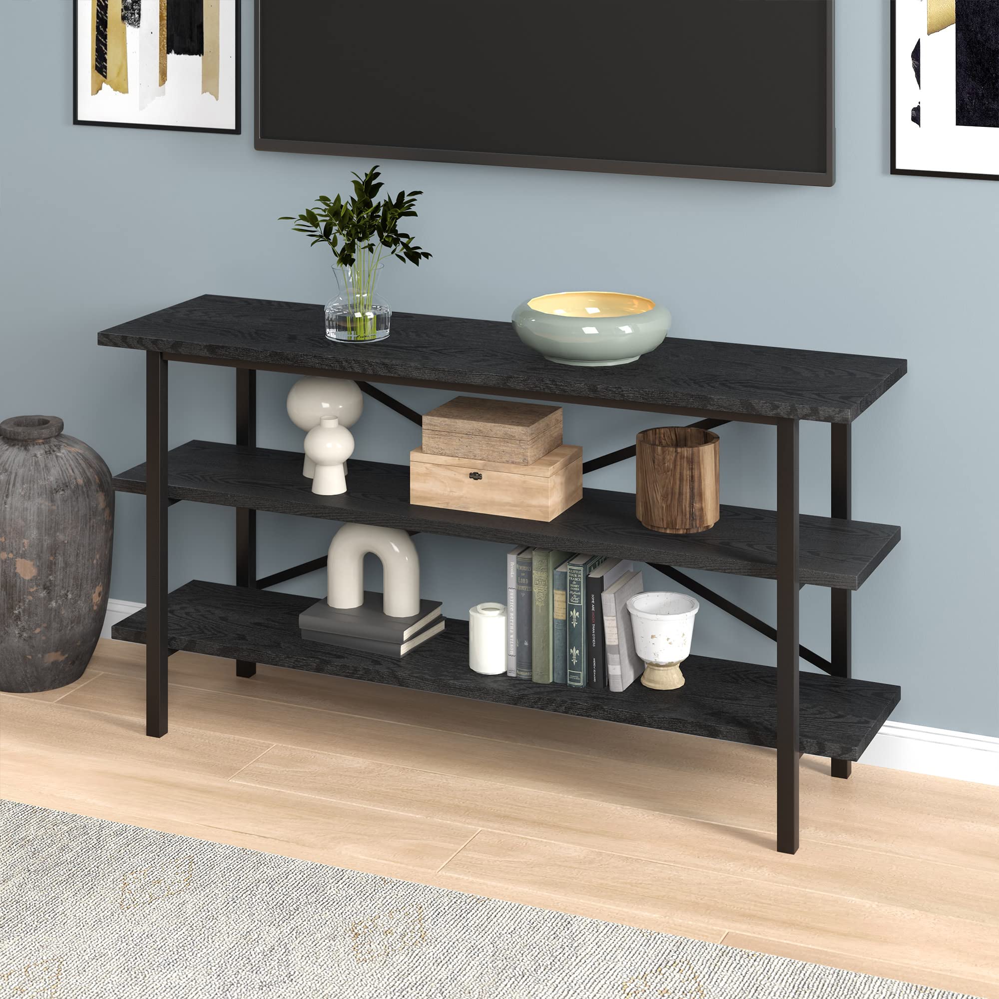 Holloway 65 Inch TV Stand - Modern Rectangular Entertainment Center with Black Wood Grain Finish for Living Room, Bedroom & Home Theater
