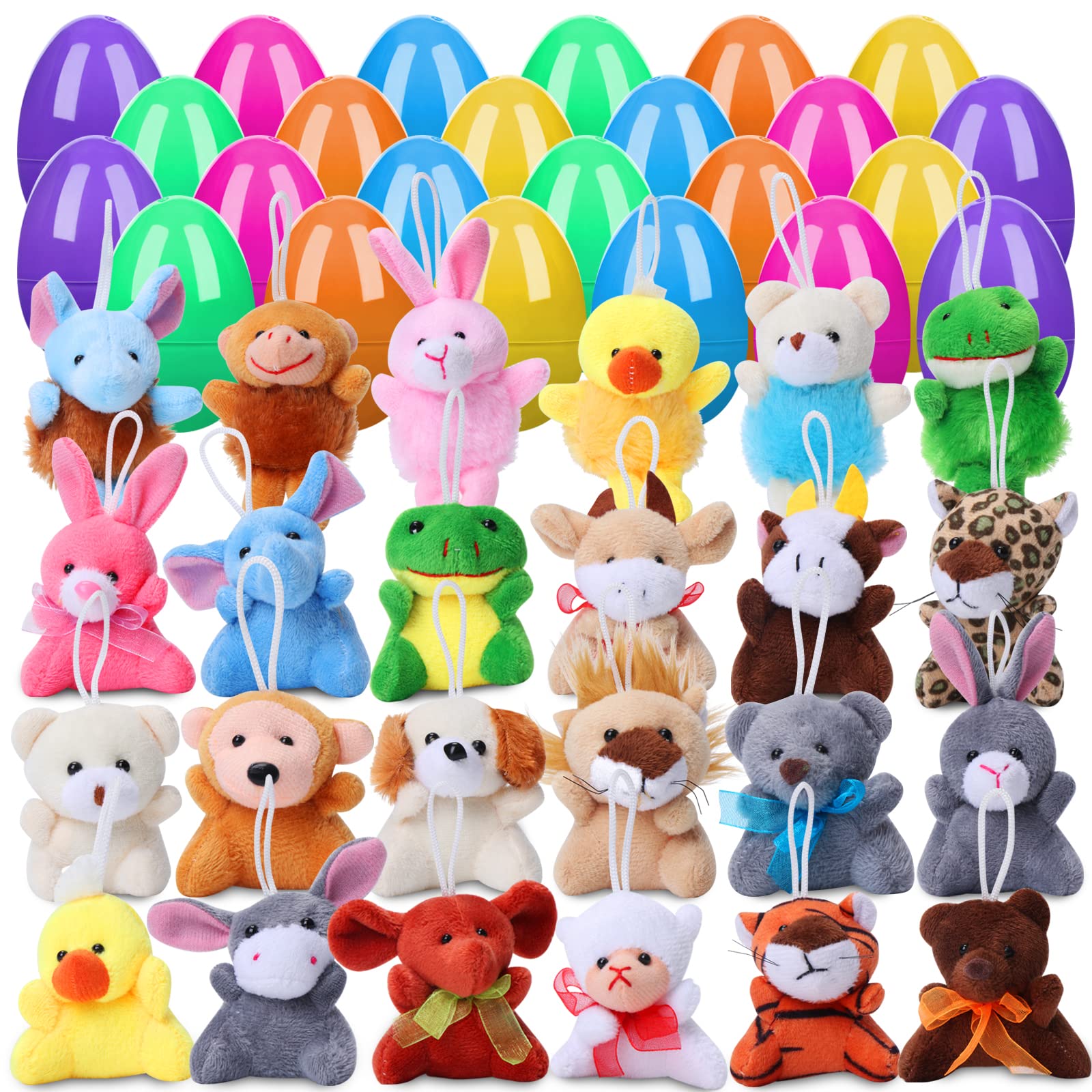 24-Piece NEWBEA Easter Egg Set with Plush Animal Toys - Plastic Easter Eggs Basket Stuffers for Kids, Classroom Prizes & Party Favors - Perfect for Easter Hunts, School Rewards & Holiday Gift Fillers
