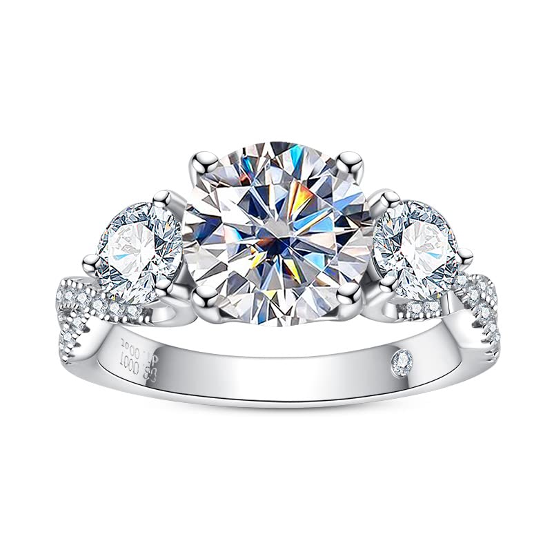 AnuClub 3 Stone Moissanite Engagement Ring - D Color VVS1 Round Cut, 14K White Gold Plated 925 Sterling Silver - Wedding, Anniversary & Promise Ring for Women | Perfect for Proposals, Bridal Jewelry & Special Occasions