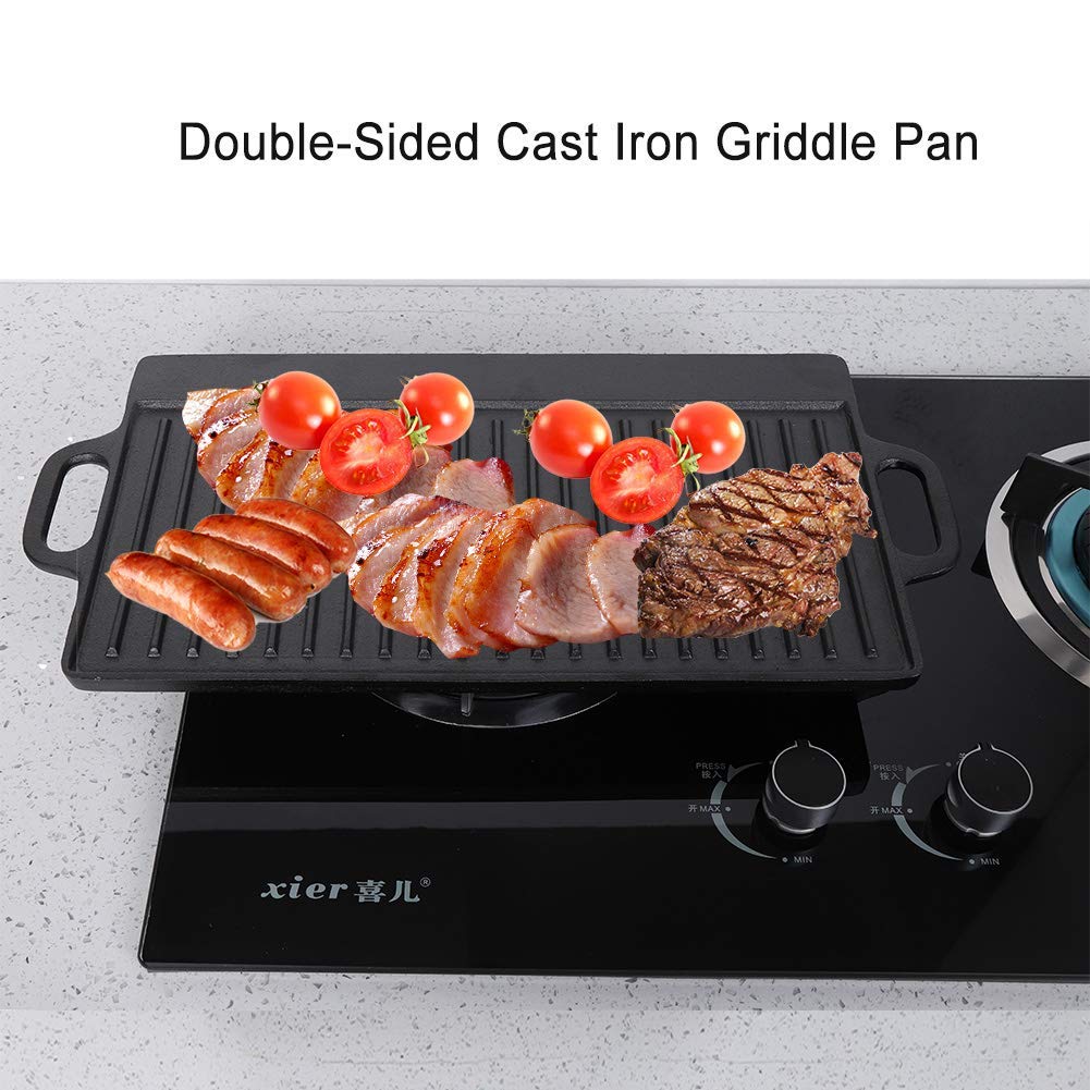 Premium Cast Iron Grill Griddle Pan - Double-Sided with Ridged & Flat Surface for Stovetop, Gas Cooktop & Outdoor BBQ - Perfect for Pancakes, Steaks, Burgers & Camping Cooking