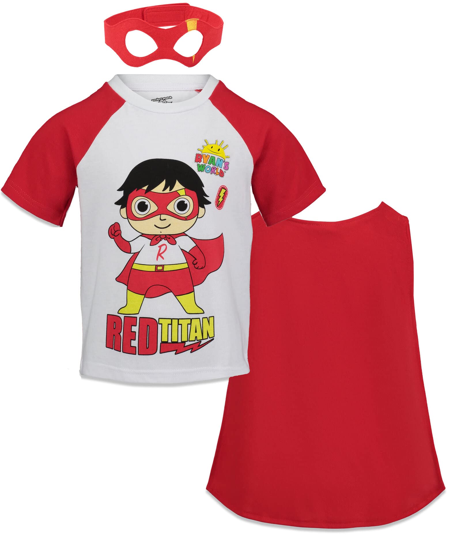 RYAN'S WORLD Red Titan Toddler Boys Superhero Costume Set - T-Shirt, Cape & Mask (White/Red, 2T) - Perfect for Dress-Up, Halloween & Pretend Play