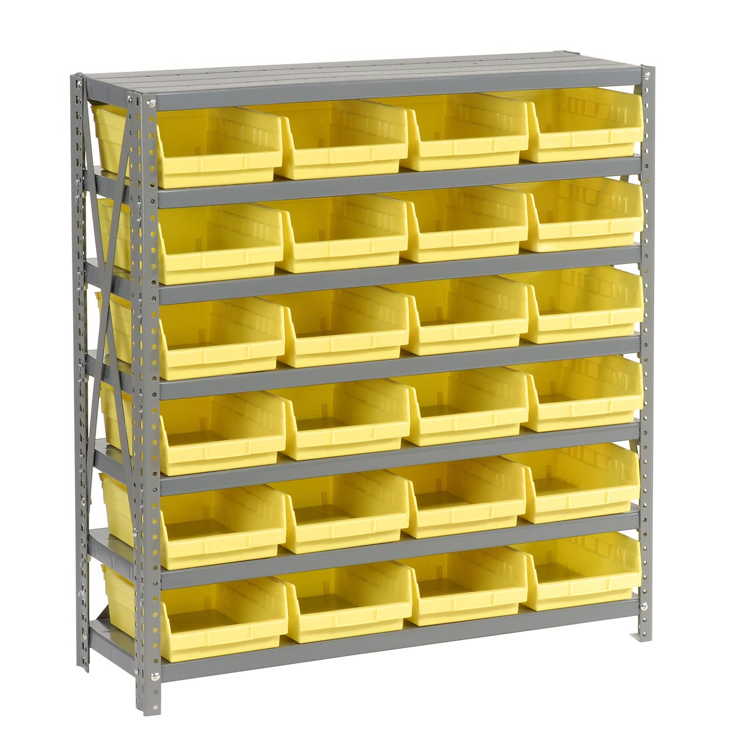 7-Shelf Steel Storage Rack with 24 Plastic Bins - Heavy Duty Industrial Shelving Unit, 36x12x39 Inches, Yellow - Perfect for Warehouse, Garage & Retail Organization