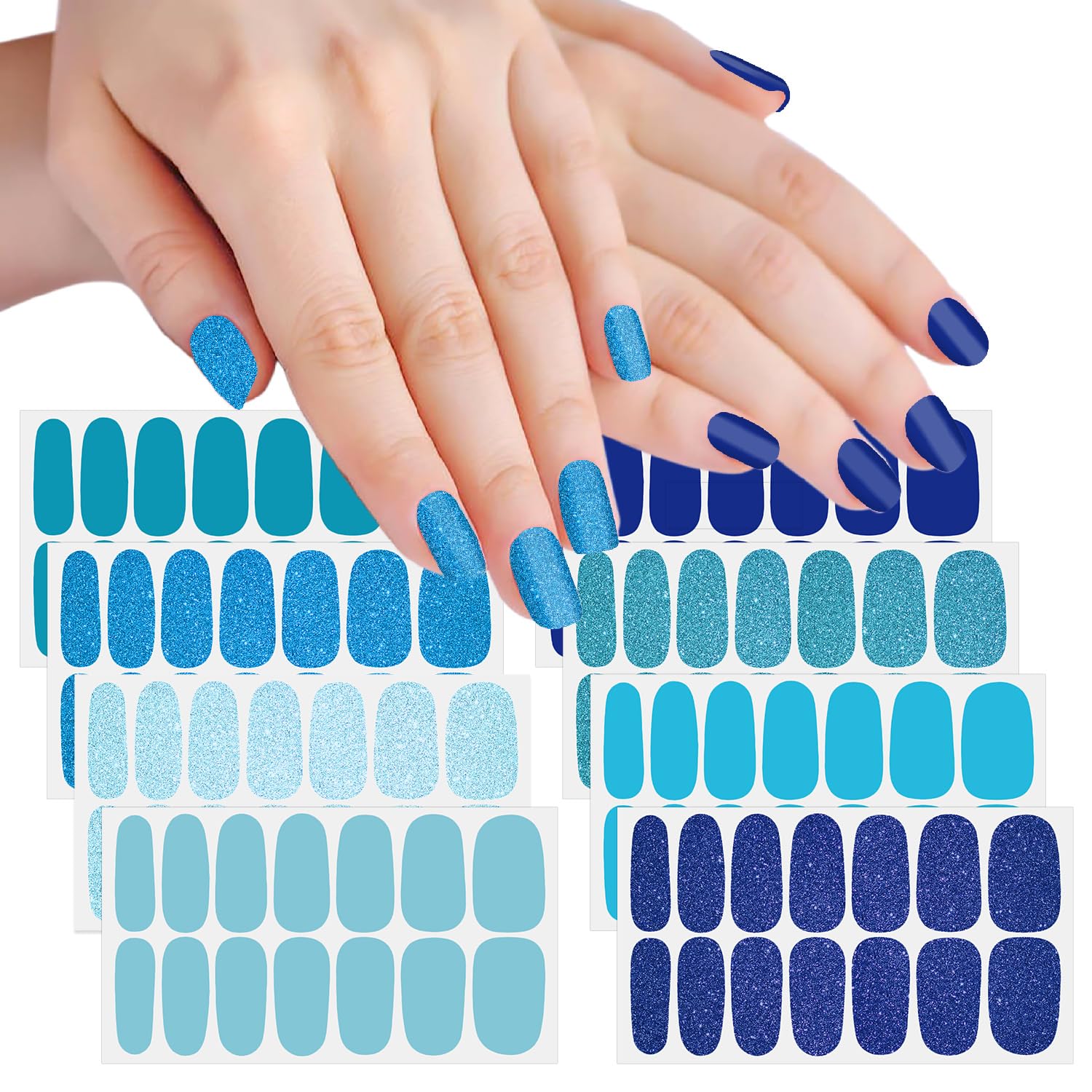SILPECWEE 8 Sheets Blue Glitter Nail Wraps for Women - Self-Adhesive Gel Nail Polish Strips with Nail File | Easy Manicure at Home, Perfect for Parties, Weddings & Daily Nail Art Designs