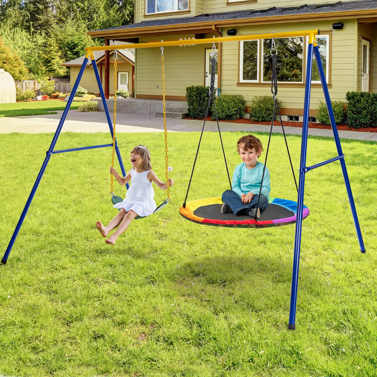 KOMFOTTEU Outdoor A-Frame Metal Swing Set for Kids - Double Swing with Adjustable Ropes, 300kg Weight Capacity, 249x185x181.5cm - Perfect for Garden, Backyard, and Playground Fun (Ages 3+)