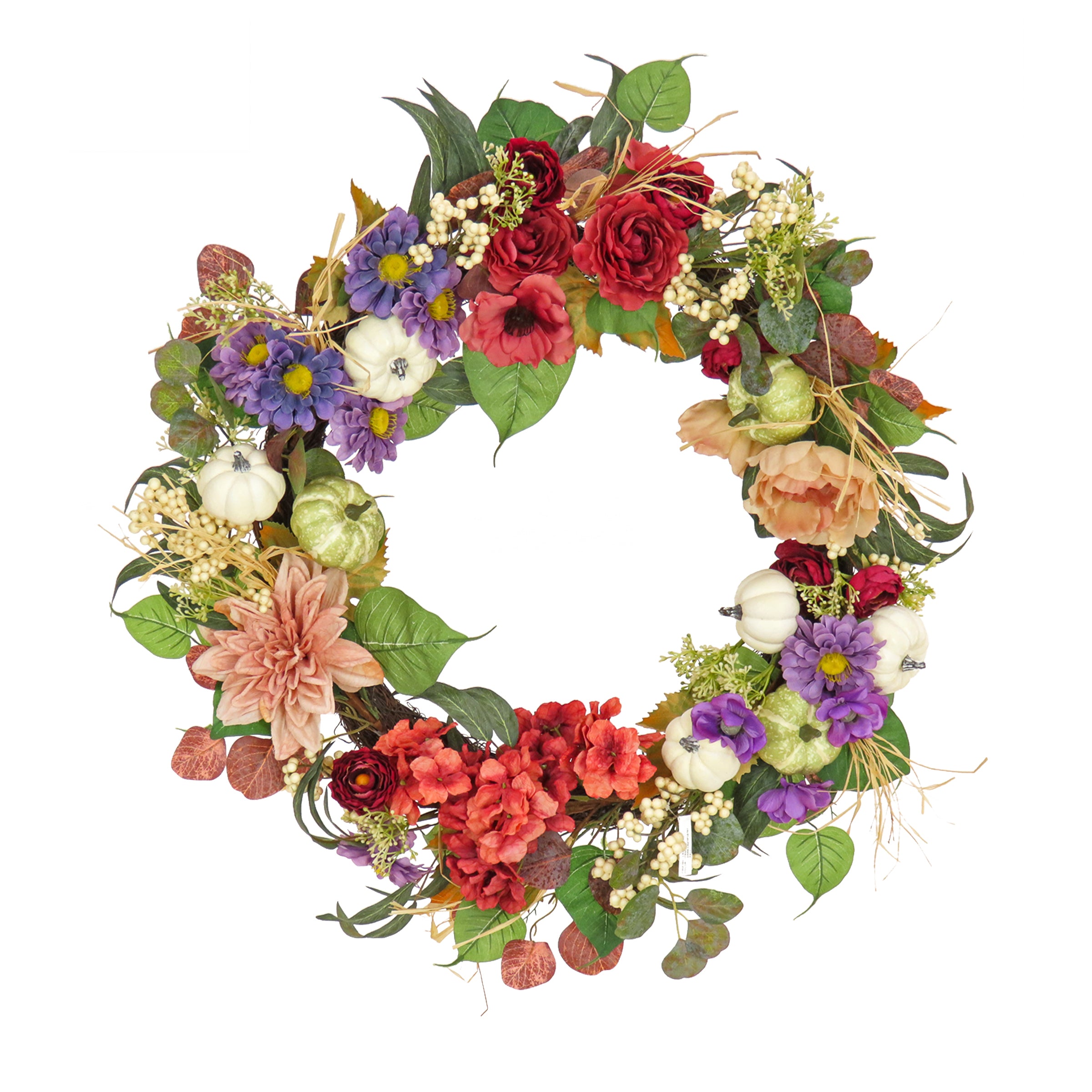 30 Inch Serenity Mixed Flower & Pumpkin Fall Wreath - Autumn Front Door Decor, Thanksgiving Harvest Wreath for Home, Porch, and Seasonal Decoration
