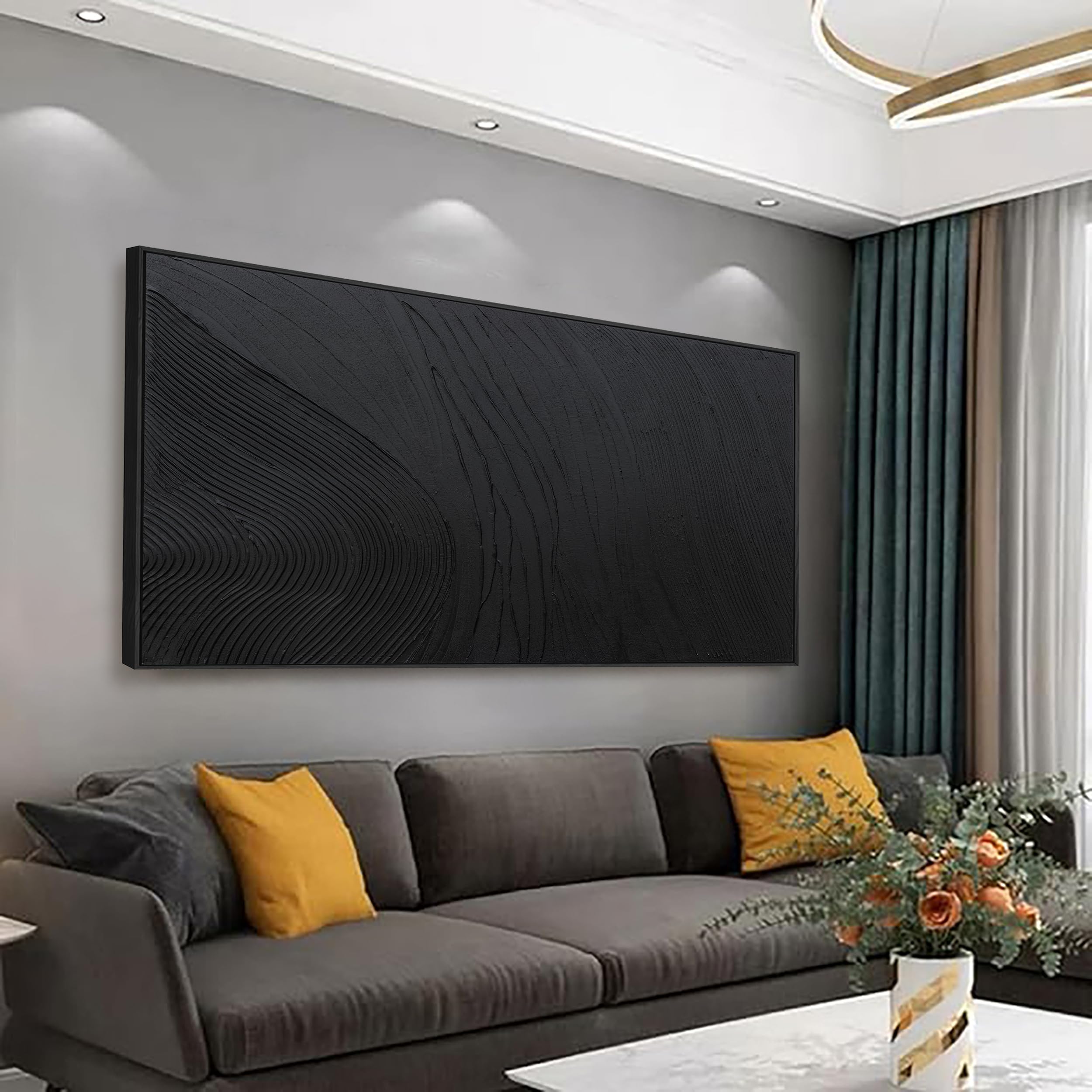Modern Abstract Black Framed Canvas Wall Art - Hand Painted Line Texture Painting (20x40 Inches) - Ready to Hang for Living Room, Bedroom & Home Office Decor | Contemporary Wall Decor for Modern Interiors
