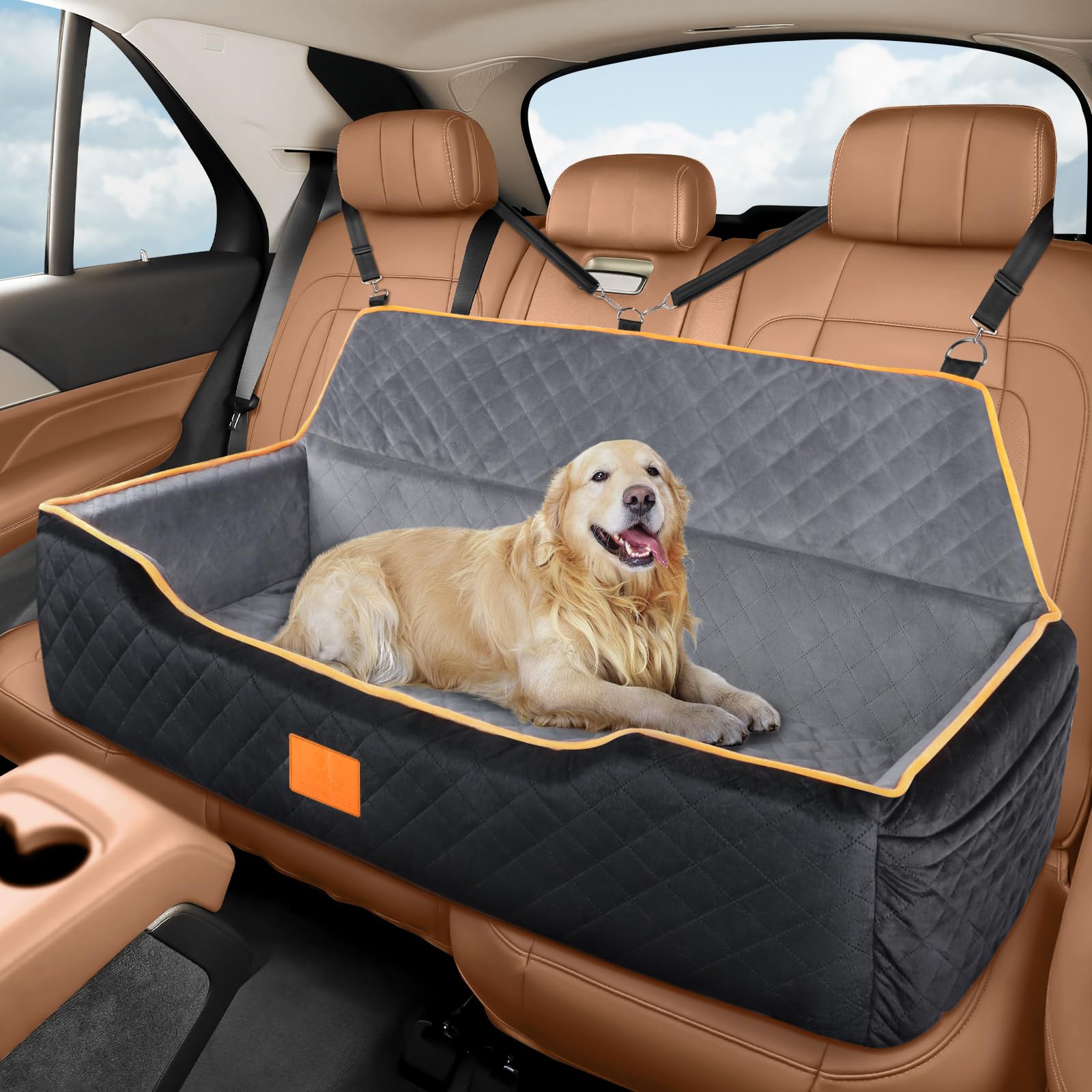 Dog Car Seat Booster for Large & Medium Dogs - Detachable & Washable Pet Travel Bed with Thick Comfortable Cushion (Black/Gray) - Perfect for Road Trips & Safe Car Rides