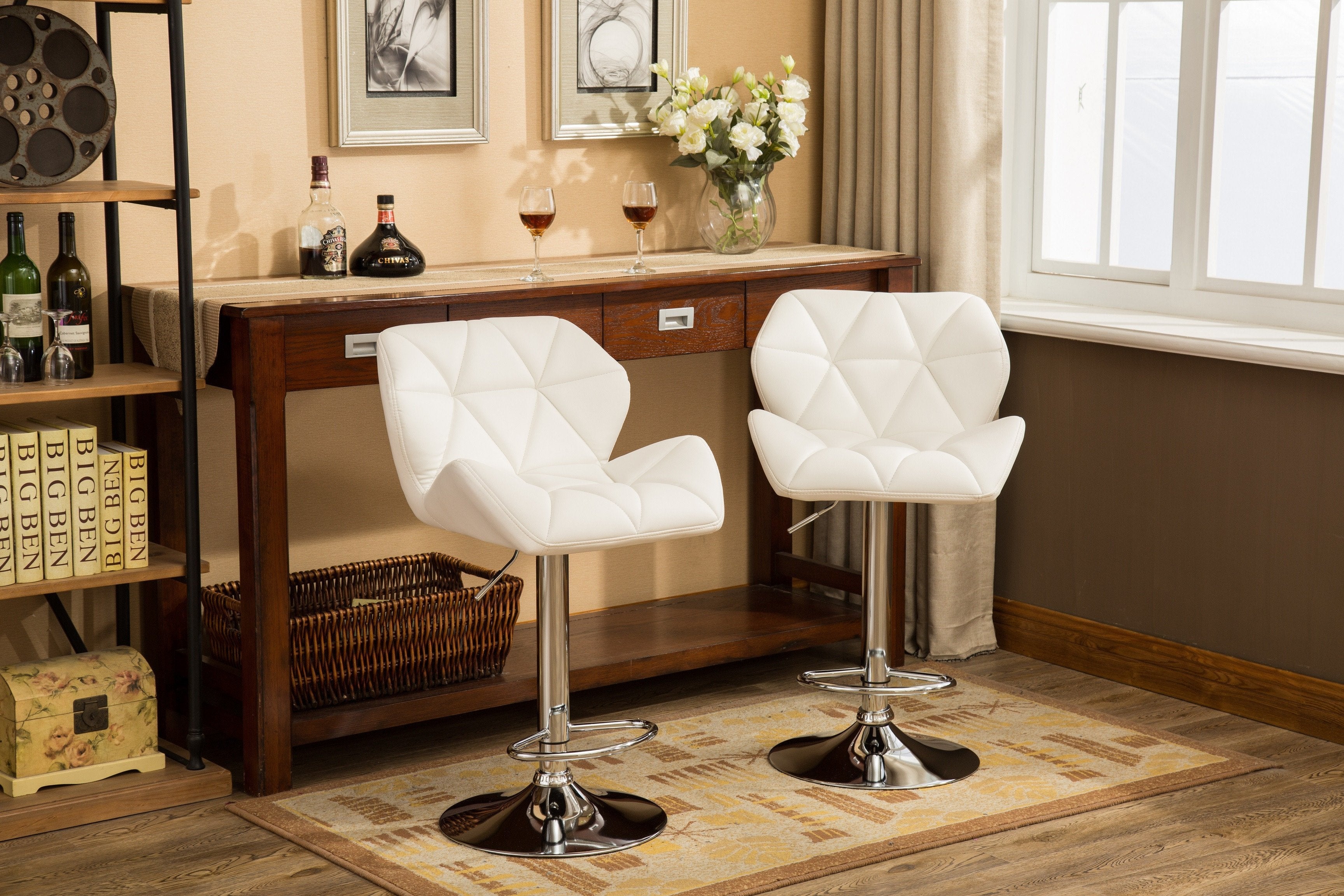Roundhill Furniture Glasgow Contemporary Tufted Adjustable Height Hydraulic Bar Stools, White, Set of 2 - Perfect for Kitchen Island, Home Bar & Modern Dining Room Decor