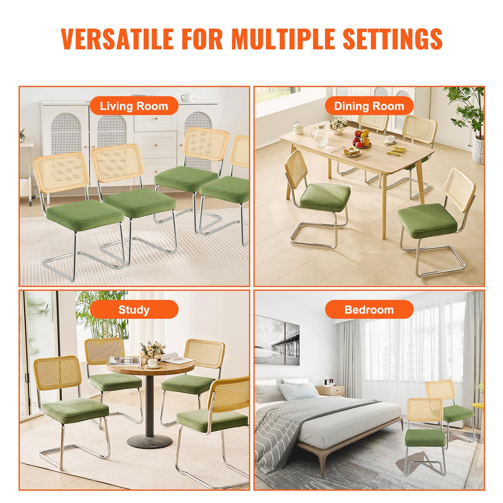 VEVOR Set of 4 Mid Century Modern Rattan Dining Chairs - Velvet Upholstered Accent Chairs with Woven Back - 18.1 Inch Retro Kitchen & Dining Room Chairs for Living Room, Bedroom, Patio & Outdoor Entertaining