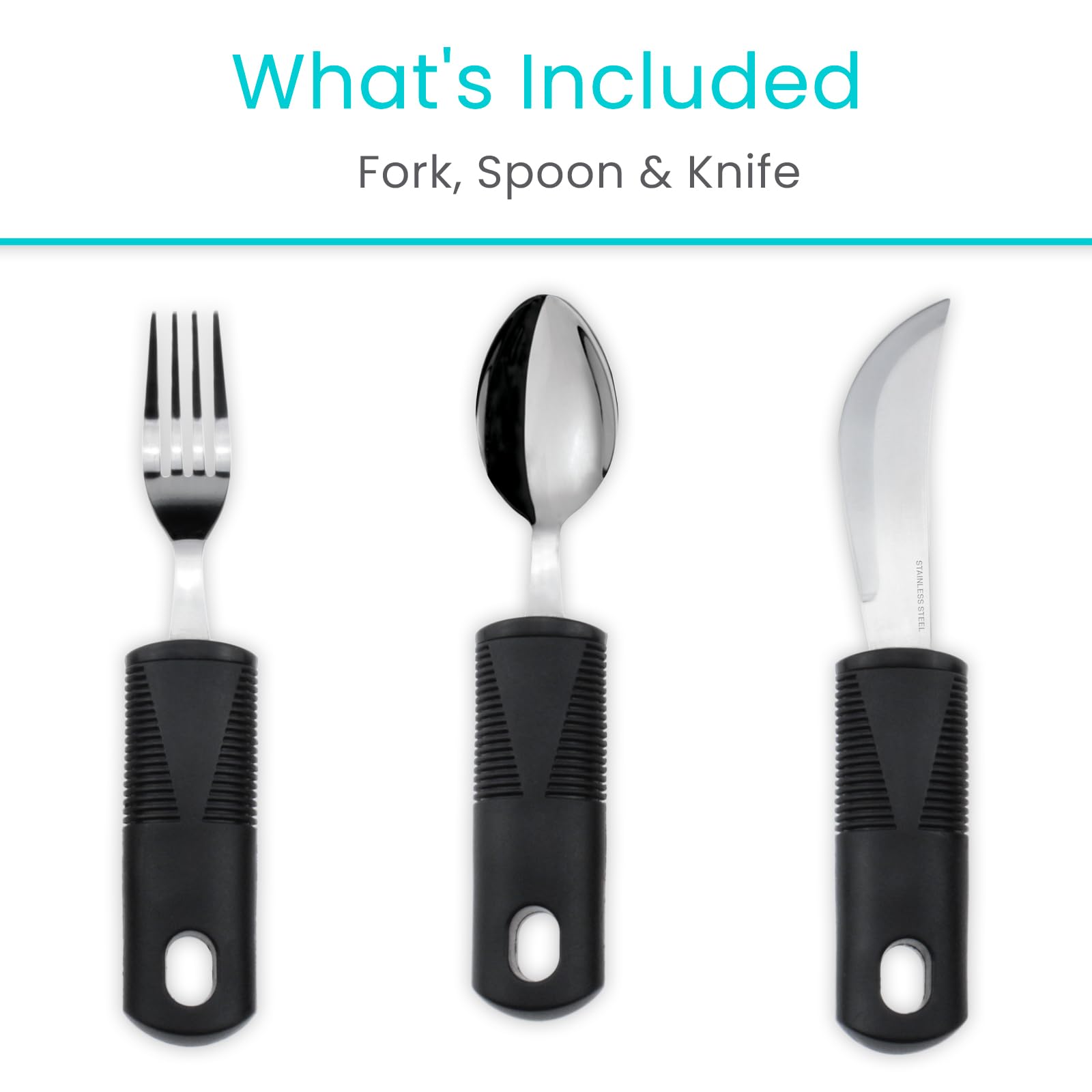 Vive Adaptive Utensil Set for Arthritis & Parkinson's - Easy Grip Stainless Steel Silverware for Hand Tremors & Shaking Hands - Heavy Duty Spoon, Fork & Knife for Seniors & Disabled - Perfect for Dining, Assisted Living & Home Care