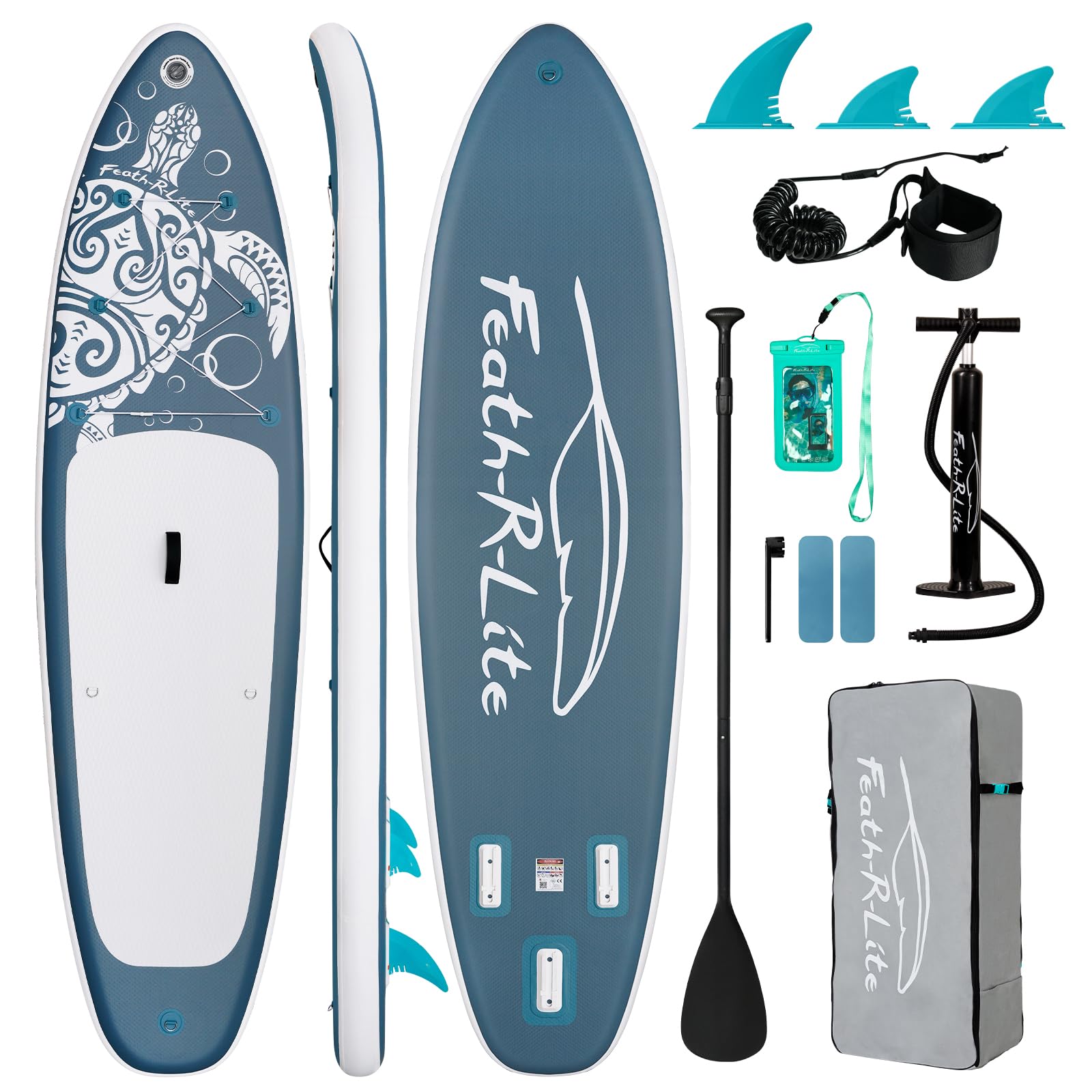FEATH-R-LITE Inflatable Stand Up Paddle Board (SUP) for Adults - Premium SUP Package with Pump, Adjustable Paddle, Leash, 3 Fins & Backpack - Perfect for Yoga, Fishing & Ocean/Lake Paddling