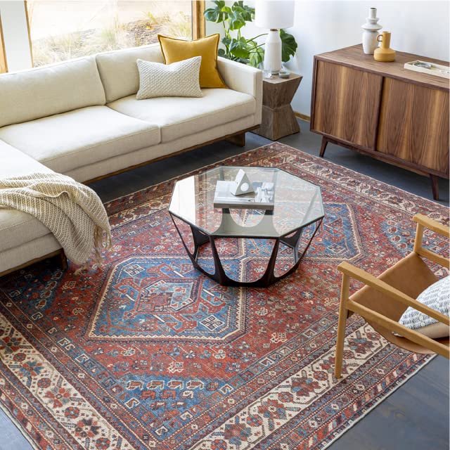 Mark&Day Washable Area Rugs 8x10 - Union Hill Traditional Saffron Rug in Red Blue Cream | Machine Washable Carpet for Living Room, Bedroom, Kitchen | Perfect for Home Decor, Family Gatherings & Cozy Spaces (7'10