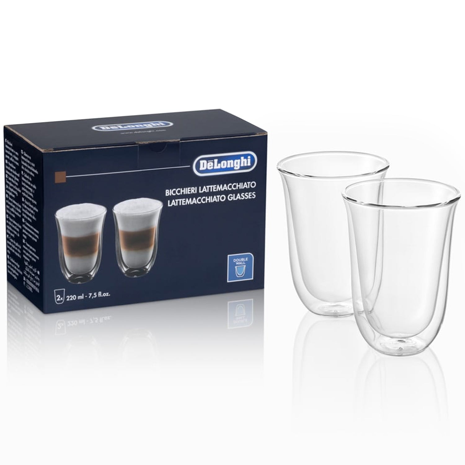 DeLonghi Glass Latte Macchiato Cups Set of 2 - Premium Espresso Glasses for Coffee Lovers, Perfect for Home Café, Italian Coffee Experience & Entertaining Guests
