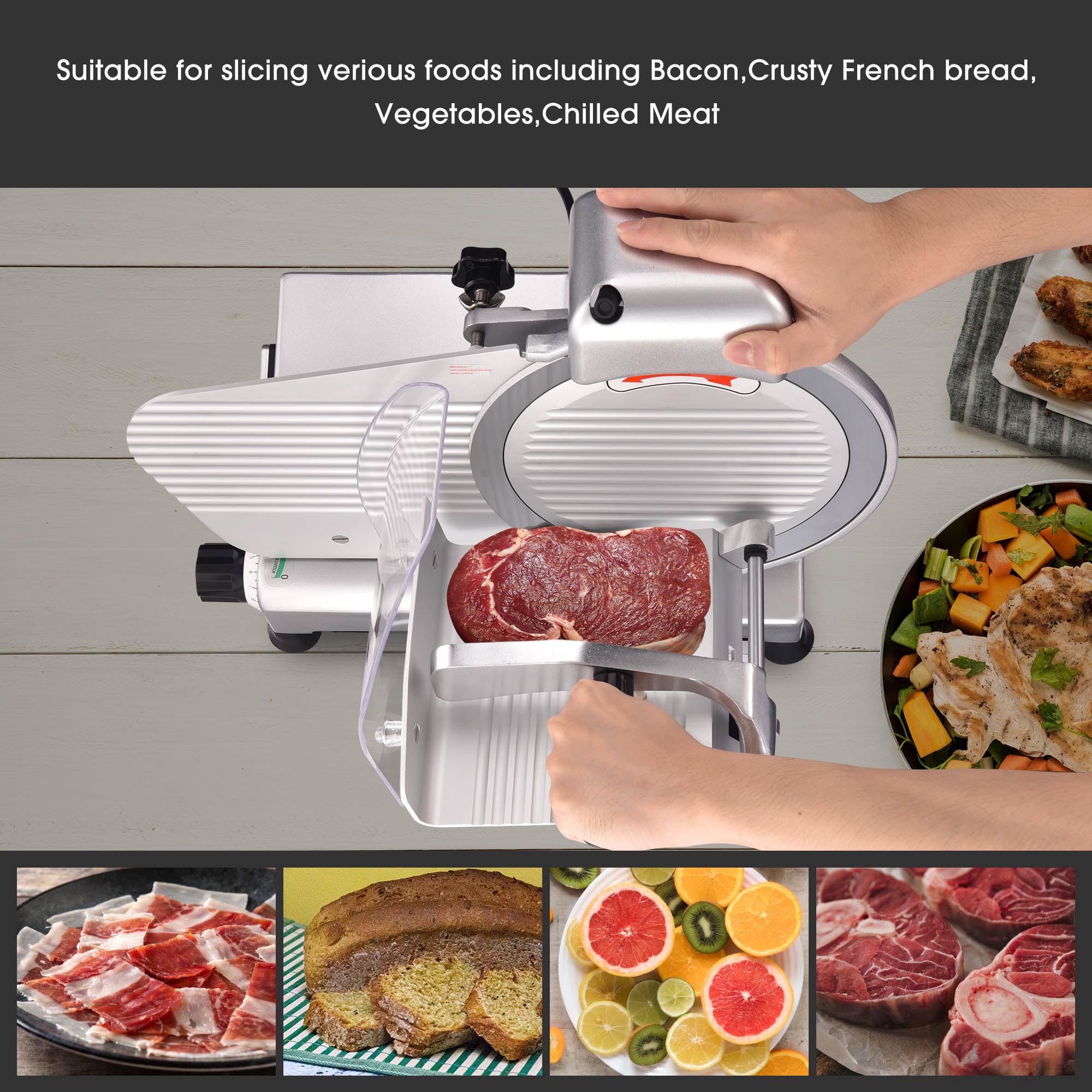 WeChef 10-Inch Commercial Electric Meat Slicer - 240W Stainless Steel Deli & Cheese Slicer with 0-12mm Adjustable Thickness - Perfect for Restaurants, Delis, Catering & Home Kitchen Use - Ideal for Slicing Meats, Cheeses, Vegetables & More