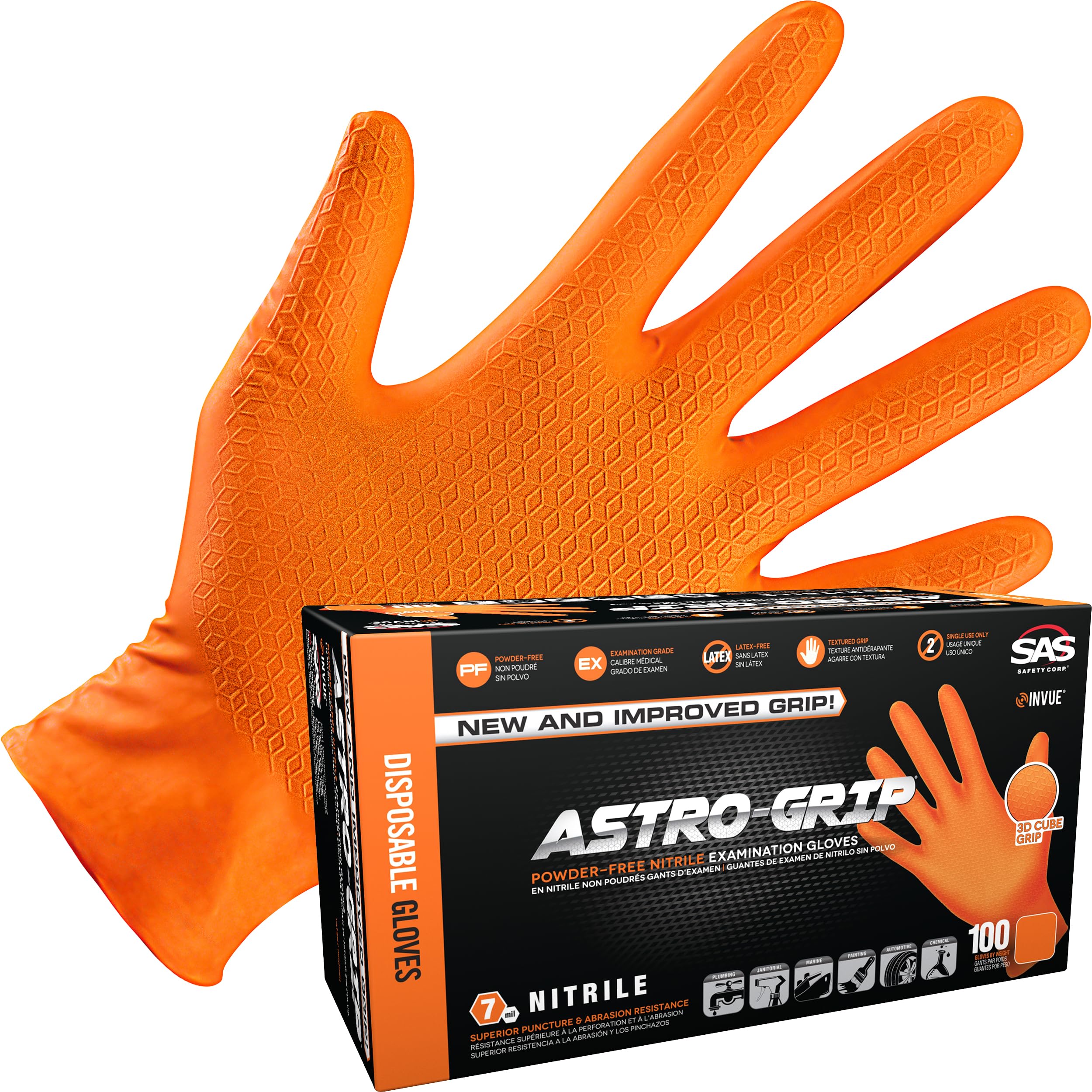 SAS Astro-Grip Powder-Free Nitrile Exam Gloves - 10 Boxes (100 Gloves Each) | 7 Mil Thick, Orange | Medical, Dental, Food Handling & Laboratory Use