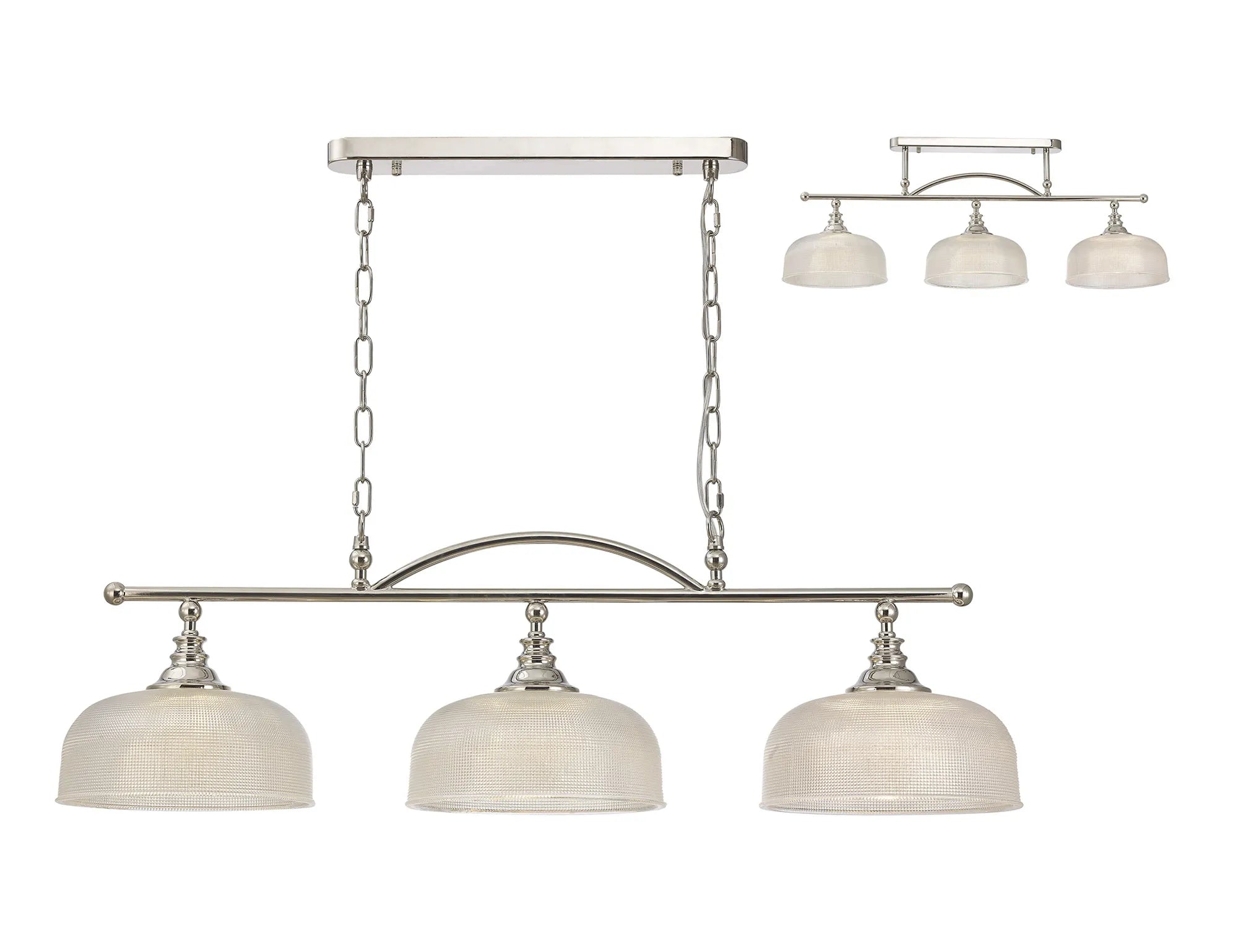 Cleron Semi Flush Mount Ceiling Light - Adjustable 2/3 Light Kitchen Lighting Fixture with E27 Socket in Satin Nickel, Polished Nickel & Antique Brass Finish - Prismatic Glass Shade for Dining Room, Bedroom or Hallway Lighting