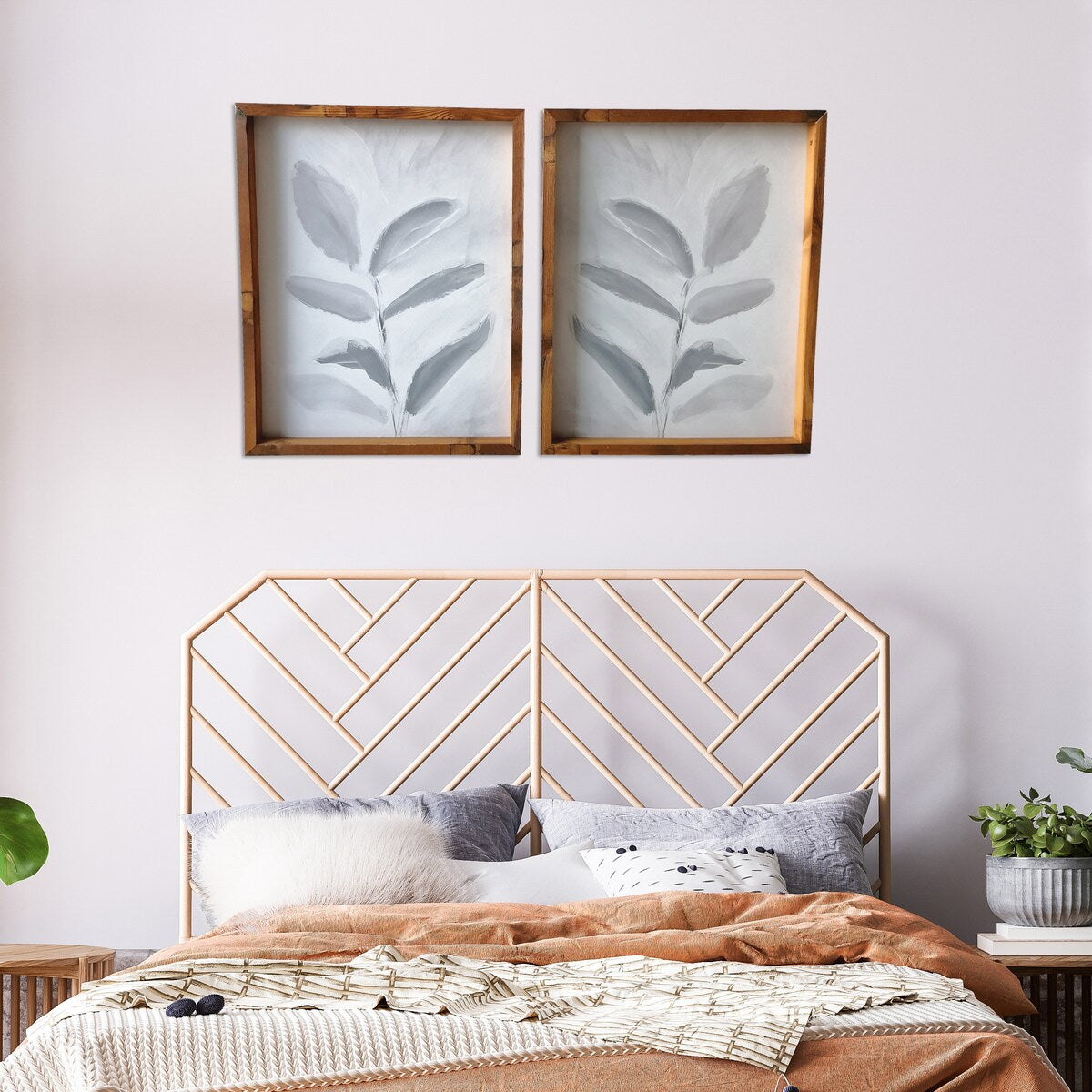 Abstract Blue Leaves 2-Piece Framed Canvas Wall Art Set - Hand-Painted Pine Wood Decor for Living Room, Bedroom & Office