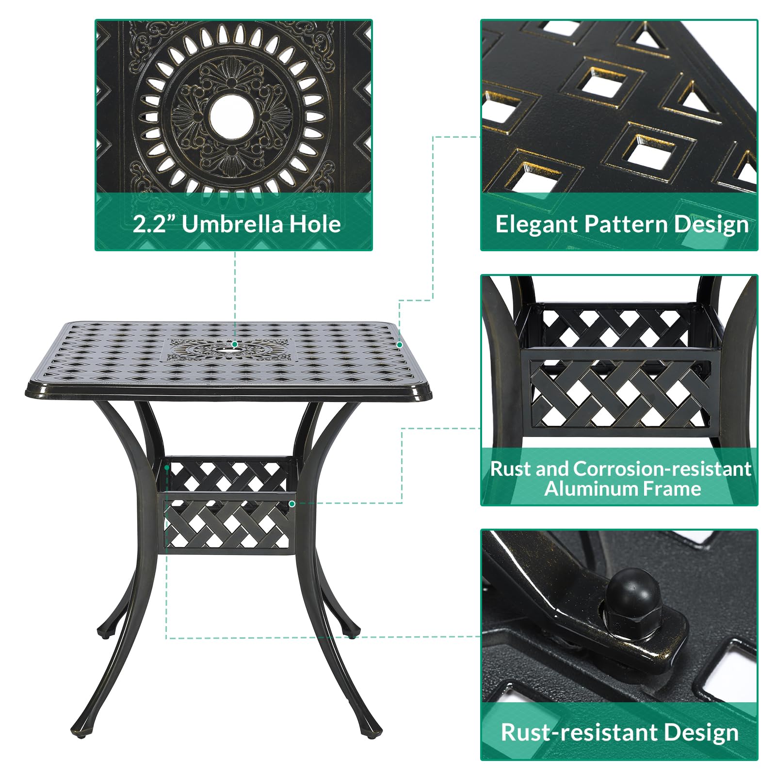VIVIJASON 30.5 Inch Square Outdoor Patio Dining Table - Bronze Cast Aluminum Weather-Resistant Table with Umbrella Hole - Perfect for Backyard, Garden, Poolside & BBQ Gatherings