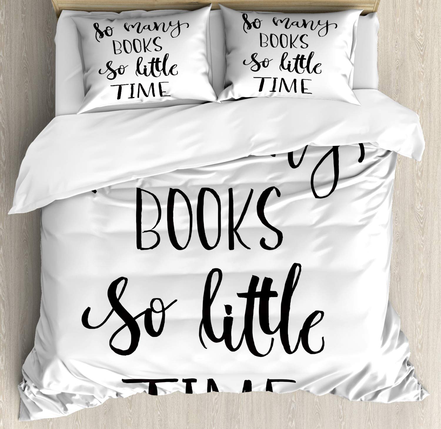 Ambesonne Book Lover Duvet Cover Set - Inspirational 'So Many Books So Little Time' Brush Lettering Print - 3 Piece Decorative Bedding Set with 2 Pillow Shams - California King Size - White & Charcoal Grey - Perfect for Book Lovers' Bedroom, Reading Nook or Literary Themed Decor