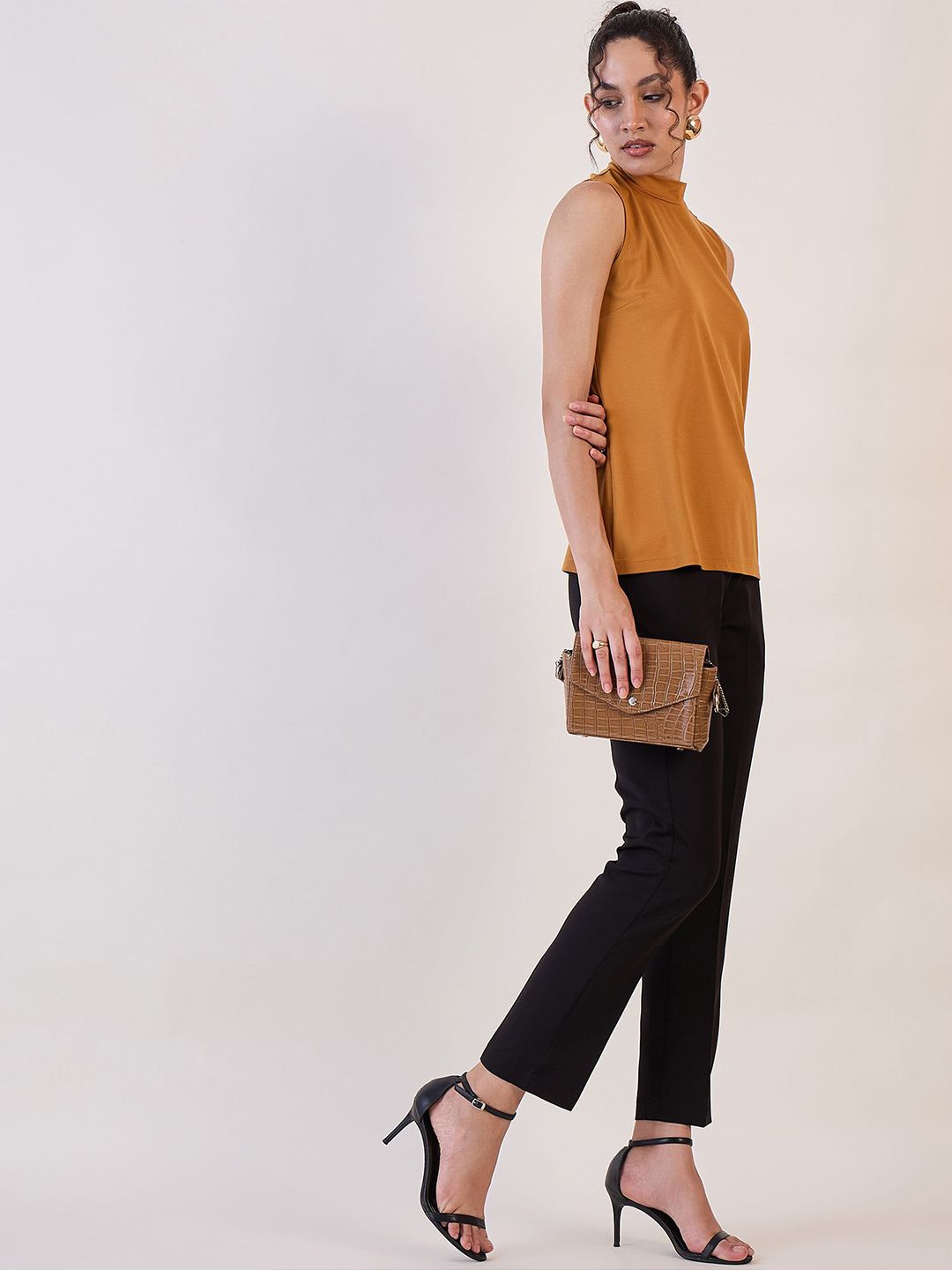Mustard Yellow High Neck Sleeveless T-Shirt for Women - Summer Casual Wear, Layering Piece & Office Outfit