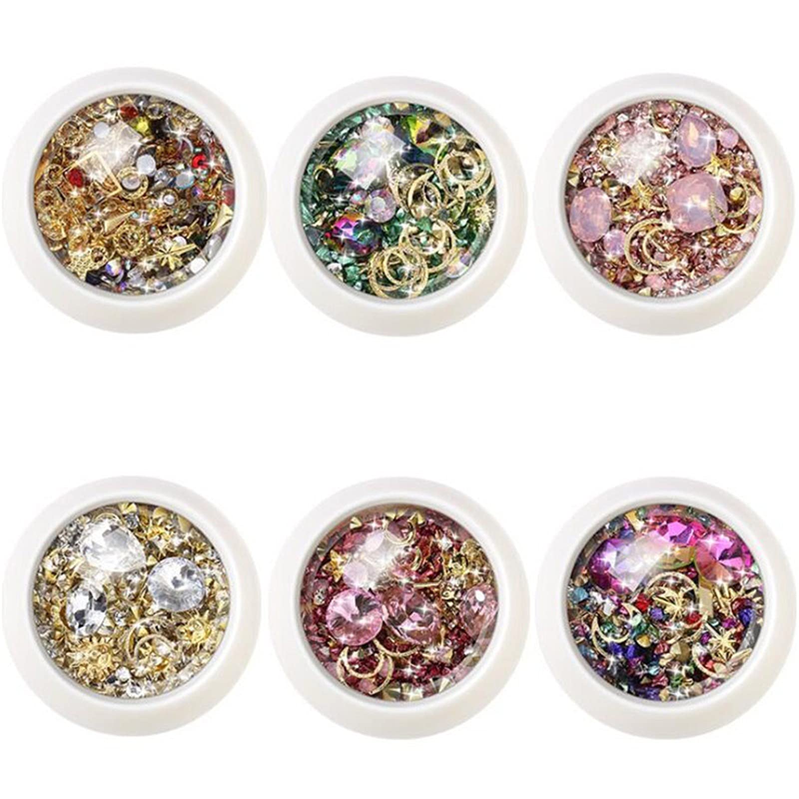 6 Box Nail Art Rhinestones Kit - 3D Nail Crystals, Butterfly Beads & Glitter Studs for Women & Girls DIY Manicure | Gold, Silver & Colorful Sequins for Nail Art Designs | Perfect for Parties, Weddings & Special Occasions