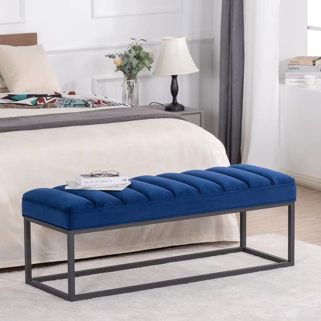 TRIPLE TREE Upholstered Ottoman Bench with Metal Base - Navy Blue Vanity Bench for Bedroom, Living Room & Entryway | Perfect as Bed End Bench, Shoe Storage & Dining Room Seating