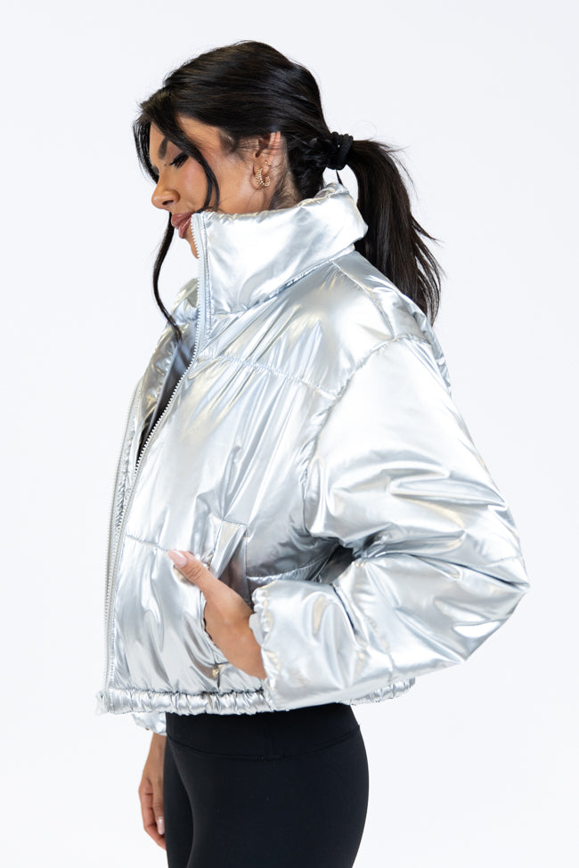 Keep Me Warm Silver Chrome Puffer Jacket - Winter Coat for Women & Men | Lightweight Insulated Outerwear for Cold Weather | Perfect for Skiing, Snowboarding & Outdoor Activities