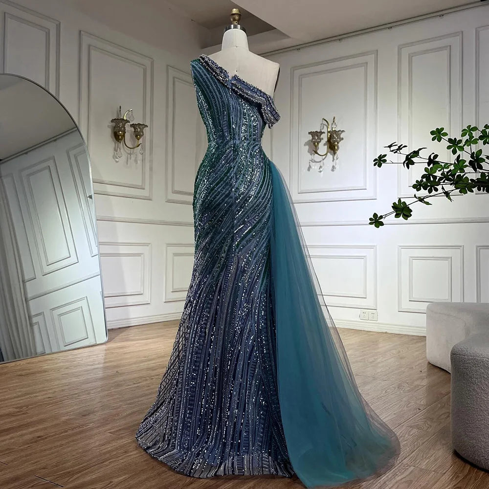 Luxury Dubai Arabic One Shoulder High Slit Blue Mermaid Gown - Beaded Saudi Evening Dress for Formal Occasions - Perfect for Weddings, Galas & Red Carpet Events LA72718