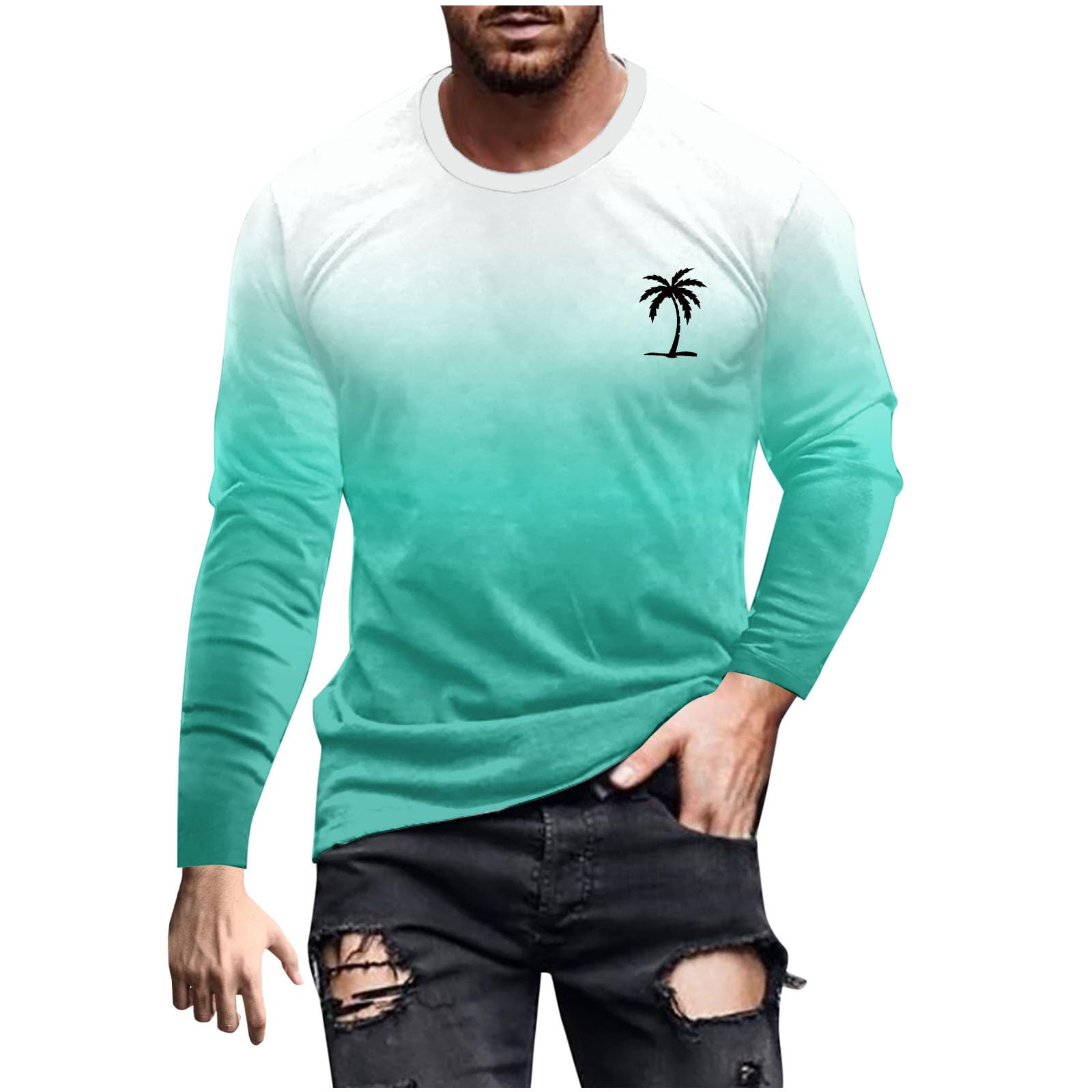 Men's Gradient Long Sleeve Hawaiian Graphic T-Shirts - Stylish Novelty Fall Tops 2024 for Casual Wear & Beach Outings