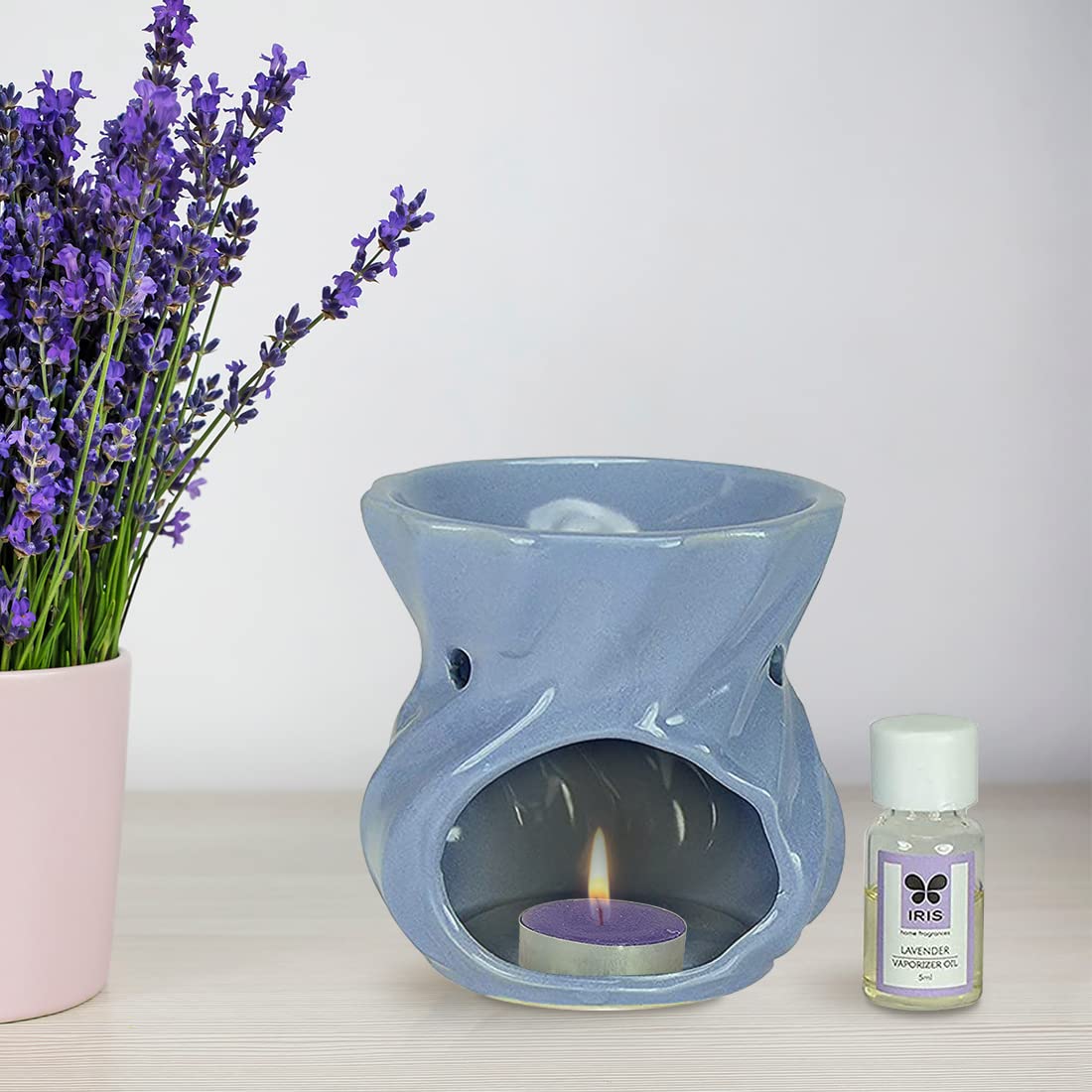 Premium IRIS Ceramic Vaporizer with 5ml Lavender Essential Oil & 2 Tea Lights - Elegant Home Fragrance Diffuser for Aromatherapy, Relaxation & Spa-Like Ambience - Perfect for Bedrooms, Living Rooms & Office Spaces