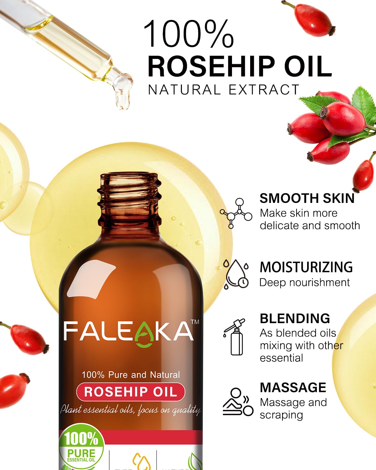 Organic Rosehip Oil for Face & Skin - 100% Pure Cold Pressed Rosehip Seed Oil - Natural Anti-Aging, Moisturizing & Scar Treatment - Perfect for Dry Skin, Wrinkles & Stretch Marks