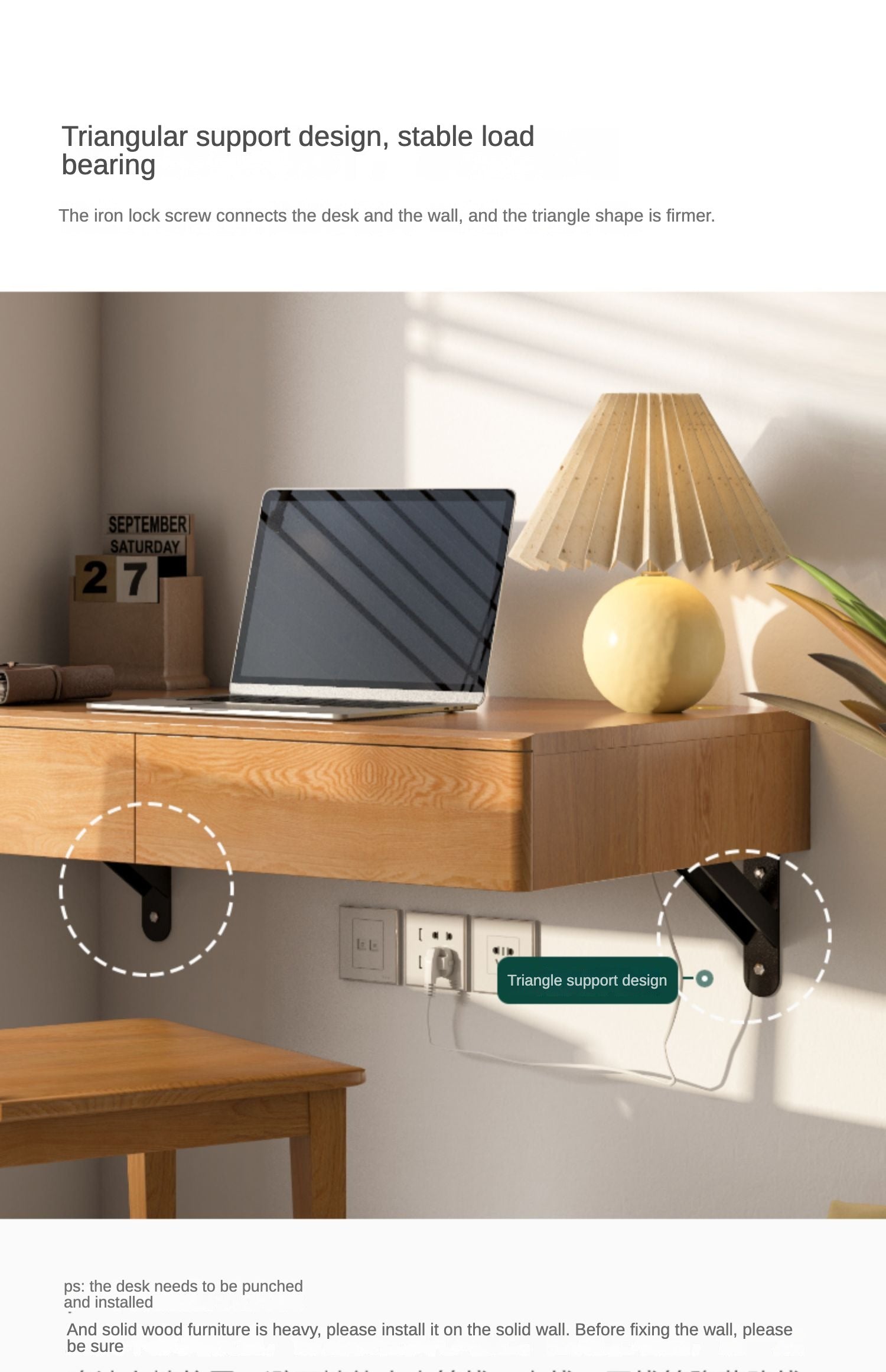 Solid Oak Wood Wall Mounted Floating Desk - Home Office, Study, or Workspace Solution for Small Spaces