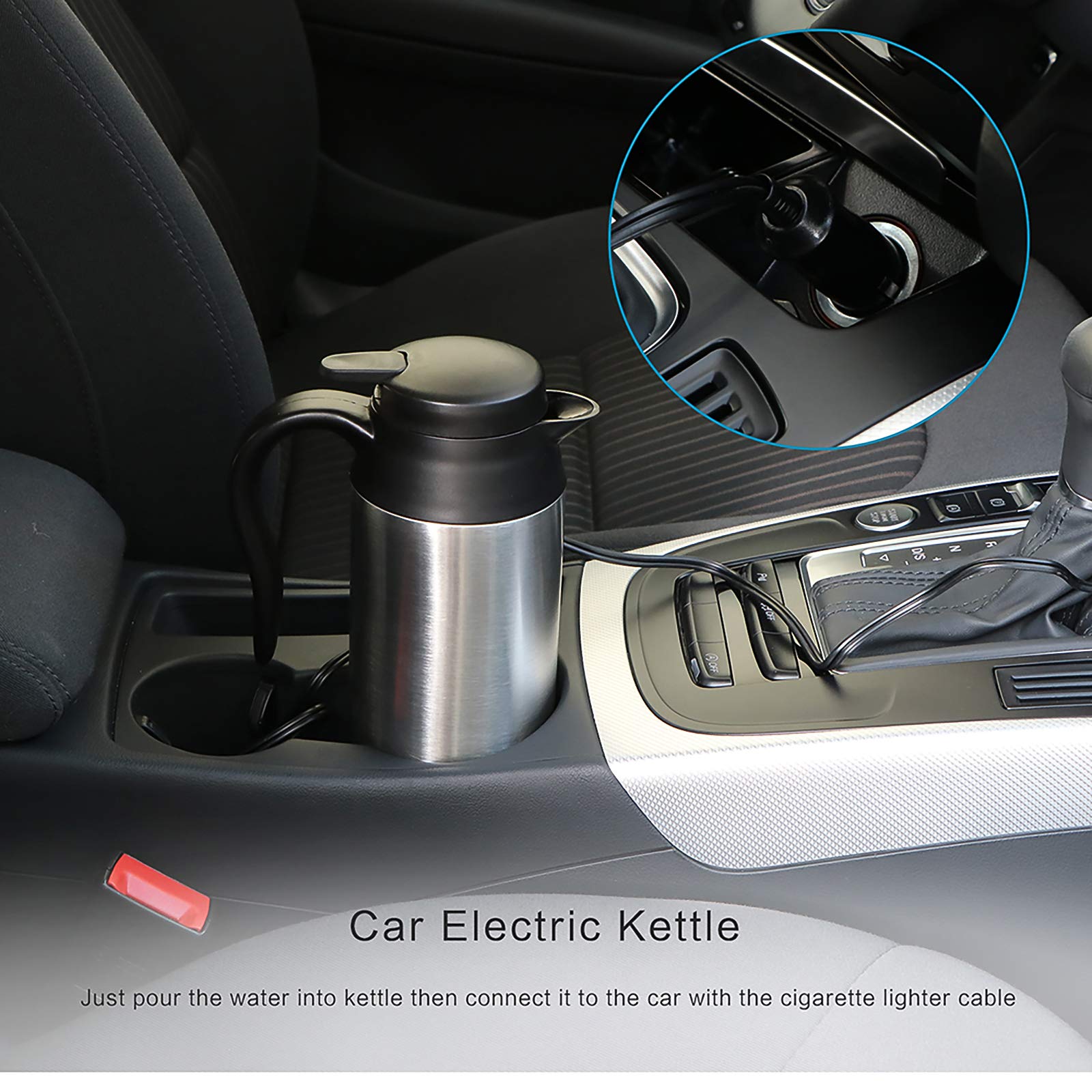 S SUNSBELL 750ml Portable Car Kettle - 12V DC Stainless Steel Travel Mug with Heater for Coffee, Tea & Hot Water - Perfect for Road Trips, Camping & Office Commutes