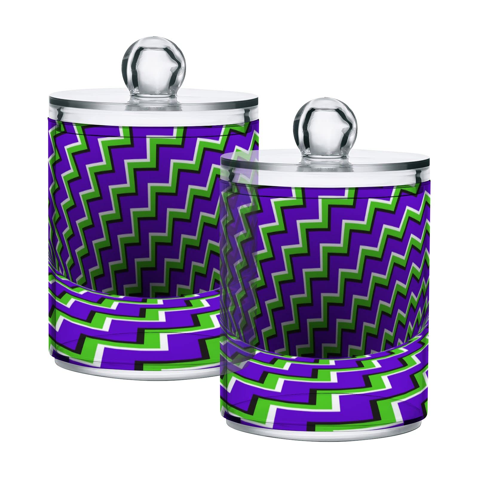 2-Pack Blue Green Zigzag Striped Plastic Storage Jars with Lids - 10oz Translucent Food Containers for Cotton Swabs, Tea, Cookies & Canning | Airtight Kitchen & Bathroom Organization