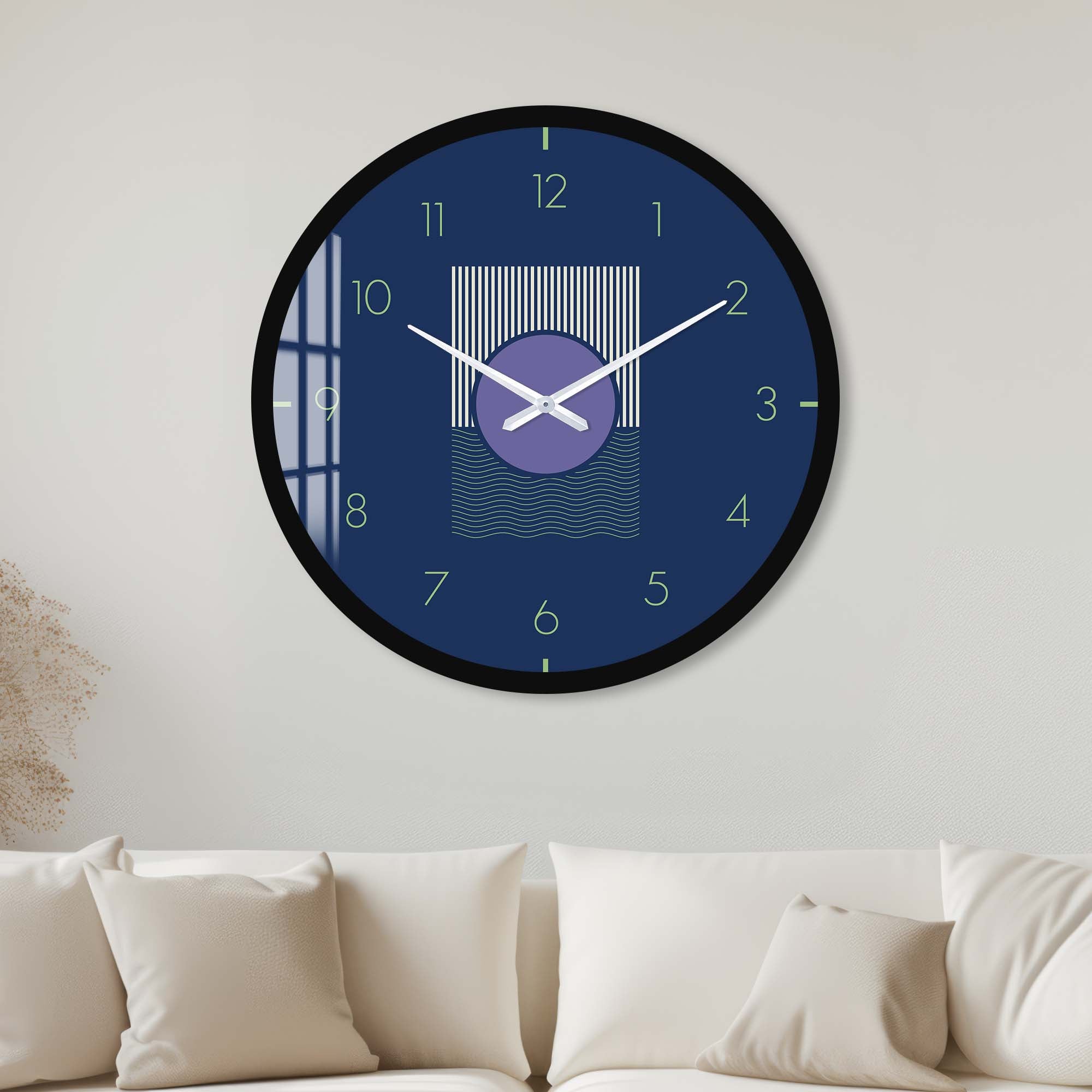 Navy Blue Glass Wall Clock - Modern Decorative Clock for Living Room, Bedroom & Office - Silent Non-Ticking Battery Operated