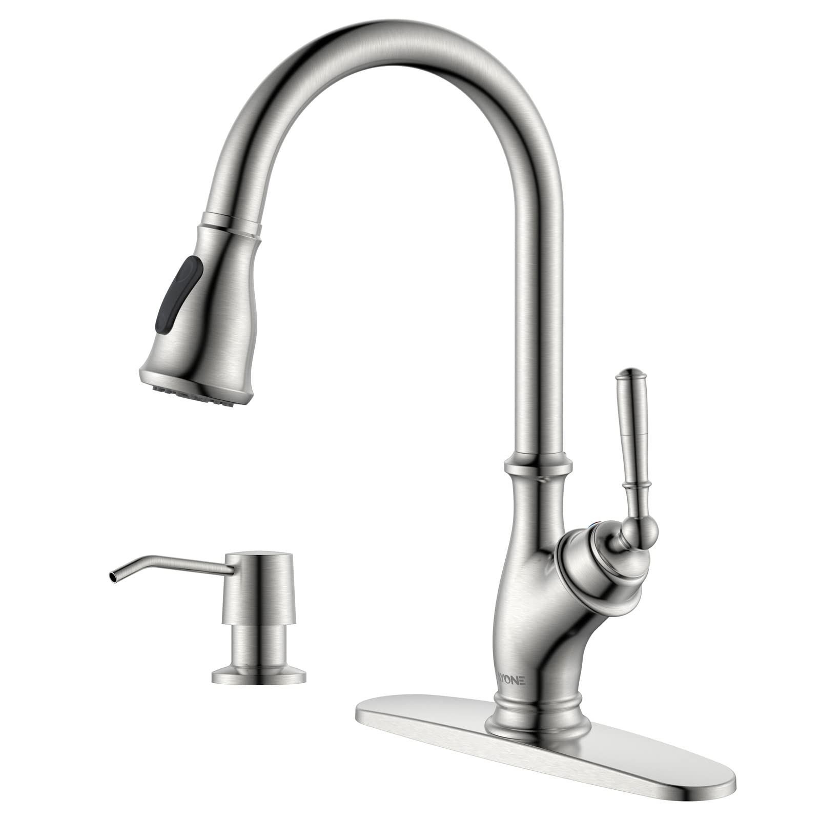 DAYONE Stainless Steel High Arch Single Handle Kitchen Sink Faucet with Soap Dispenser & Pull Down Sprayer - Brushed Nickel Finish (DAY-276BN) - Perfect for Farmhouse Kitchen Sinks, Modern Homes & Commercial Use
