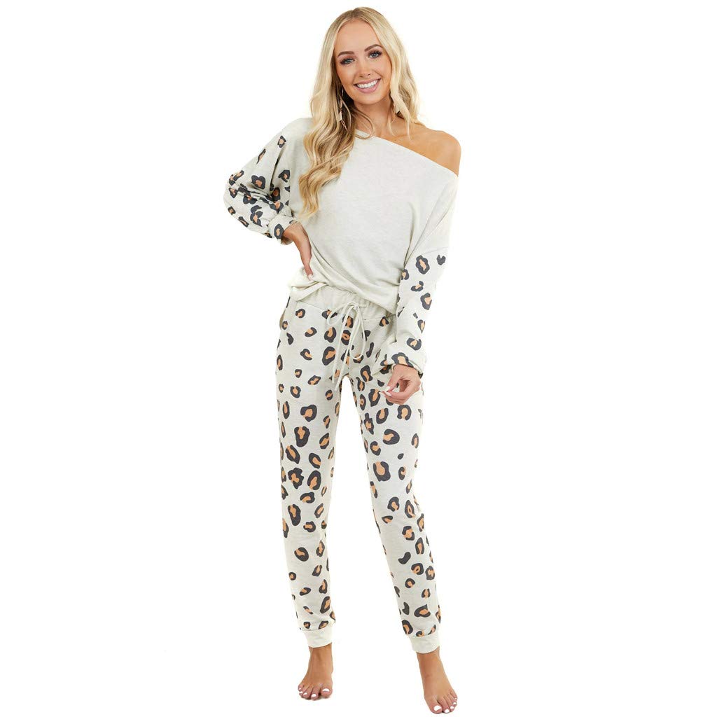 Women's 2-Piece Tracksuit Set - Leopard Print Lounge Wear, Comfortable Leisure Pants & Top Outfit (Beige) | Perfect for Yoga, Gym, Running & Casual Wear