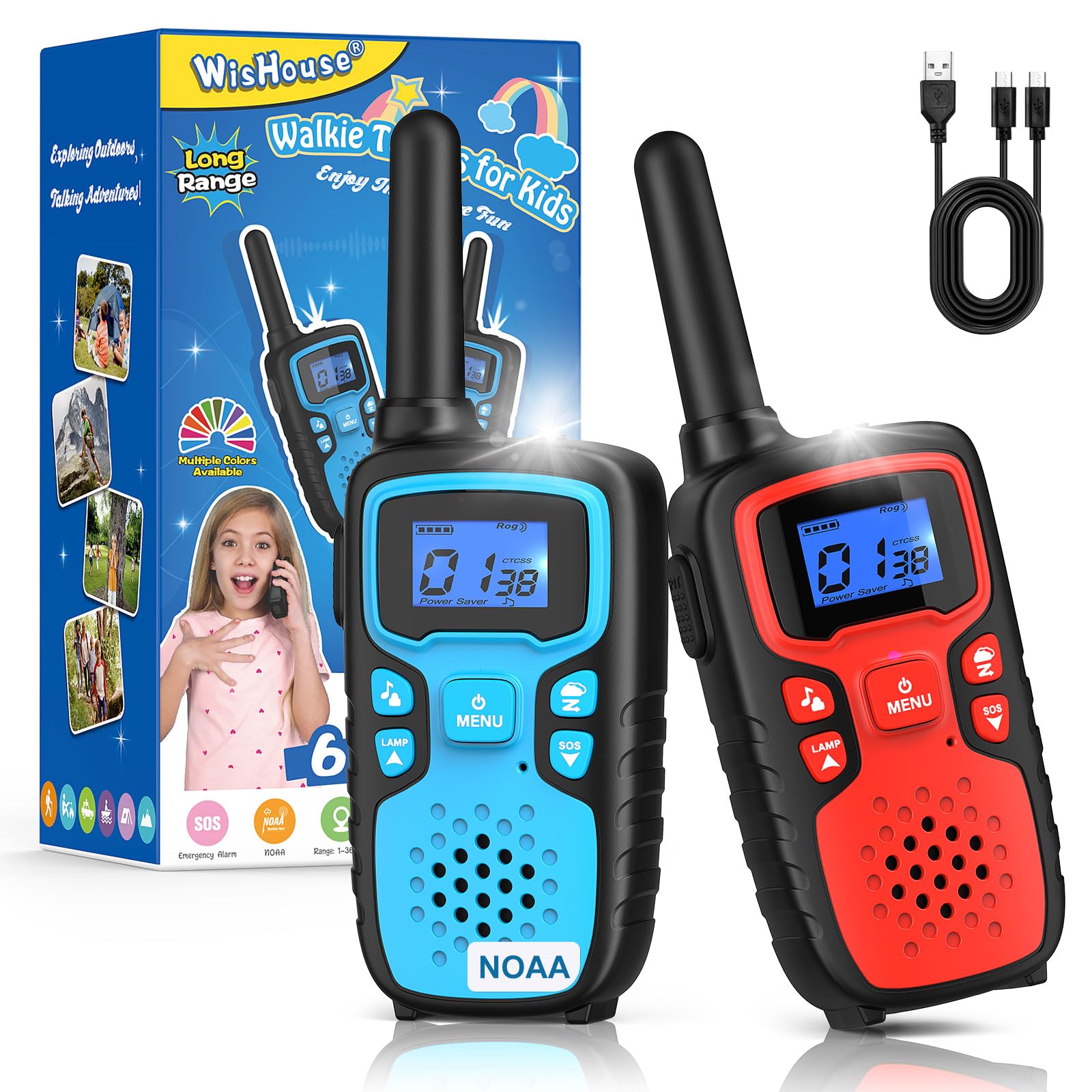 Wishouse Rechargeable Walkie Talkies for Kids - Long Range 2-Way Radios with NOAA Weather Alert, SOS Siren & Flashlight - Perfect for Hiking, Camping & Outdoor Adventures - Christmas Birthday Gift for Boys Girls Ages 4-9 (2 Pack)
