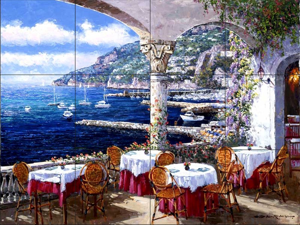 Ceramic Backsplash Tile Mural - Water View Landscape Design for Kitchen, Bathroom & Shower - Amalfi Terrace Collection by Sam Park/Soho Editions - Perfect for Coastal, Modern & Mediterranean Home Decor