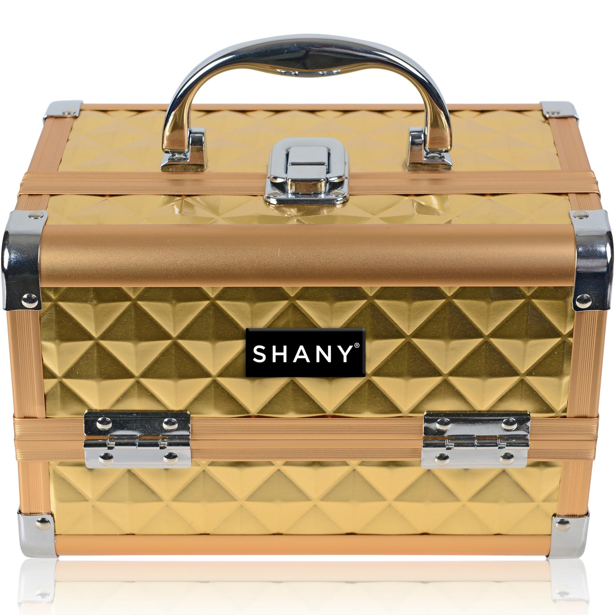 SHANY Professional Makeup Train Case - Portable Cosmetic Organizer with Lock, Multi-Trays & Mirror - Jewelry & Beauty Storage Box - Golden House - Perfect for Travel, Salon & Home Use