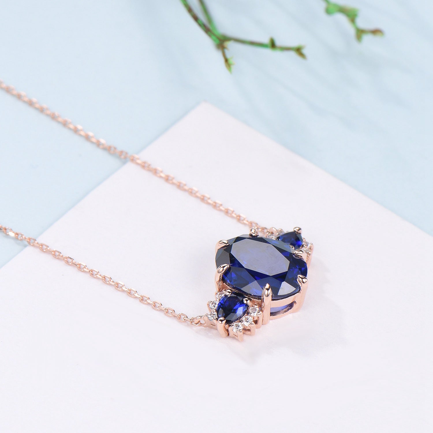 8x10mm Oval Blue Sapphire Pendant Necklace - Vintage Rose Gold Pear Cut Jewelry for Women - Perfect Christmas Gift, Anniversary Present & Everyday Elegance