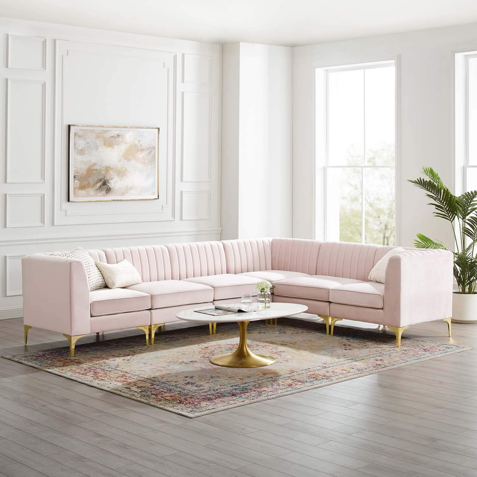 Modway Triumph Channel Tufted Performance Velvet 6-Piece Sectional Sofa in Pink - Modern Living Room Furniture for Small Spaces & Apartments