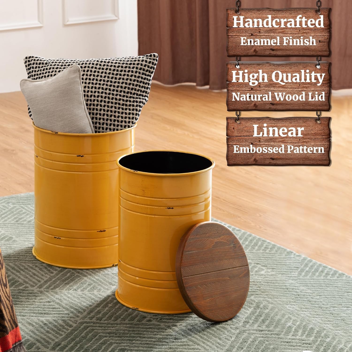 Glitzhome 2-Piece Farmhouse Nesting Tables with Storage Lids - Rustic Metal Barrel Side End Tables for Living Room, Bedroom, Office - Yellow Accent Stools | Perfect for Small Spaces, Coffee Table Alternatives & Home Decor