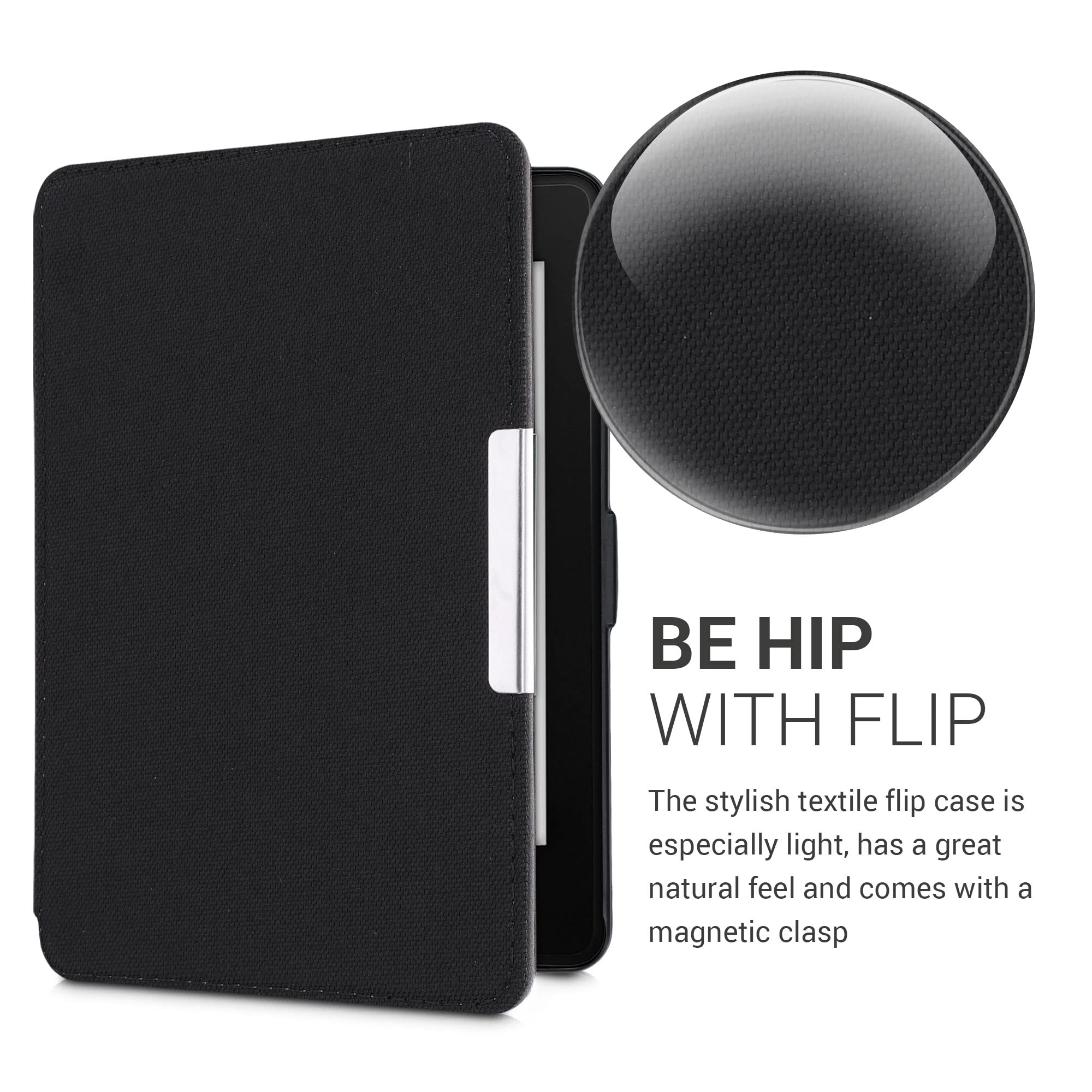 kwmobile Protective Case for Amazon Kindle Paperwhite - Slim Nylon e-Reader Cover with Book Style Folio Design (Black) - Perfect for Reading, Travel & Daily Commute